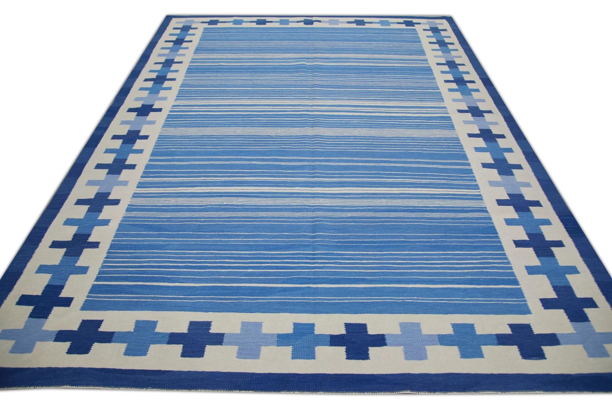 Blue Geometric Design Flatweave Handmade Wool Rug 8' X 10'6