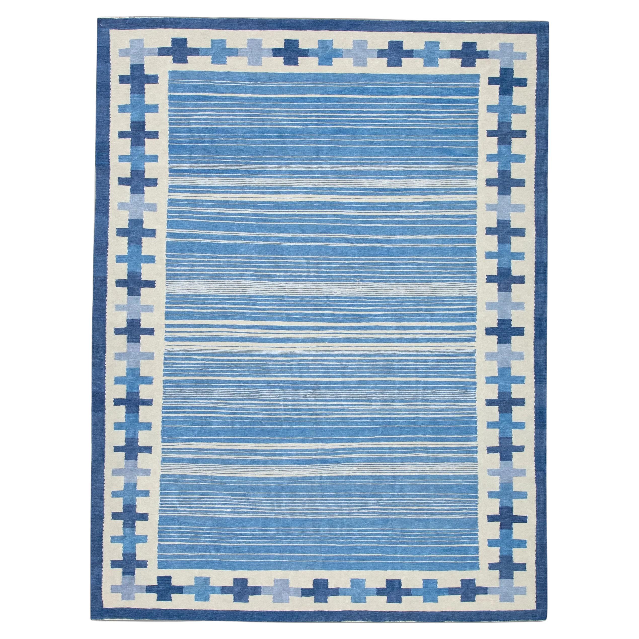 Tapis en laine bleu à motifs géométriques tissés à plat fait à la main 8' X 10'6".