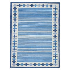 Tapis en laine bleu à motifs géométriques tissés à plat fait à la main 8' X 10'6".