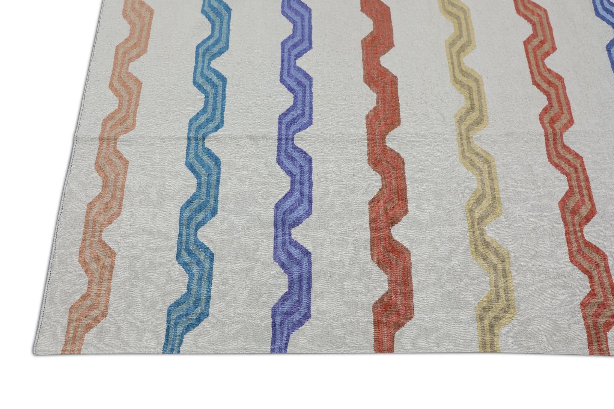 Vegetable Dyed White Flatweave Handmade Wool Rug in Red & Blue Striped Pattern 8'1