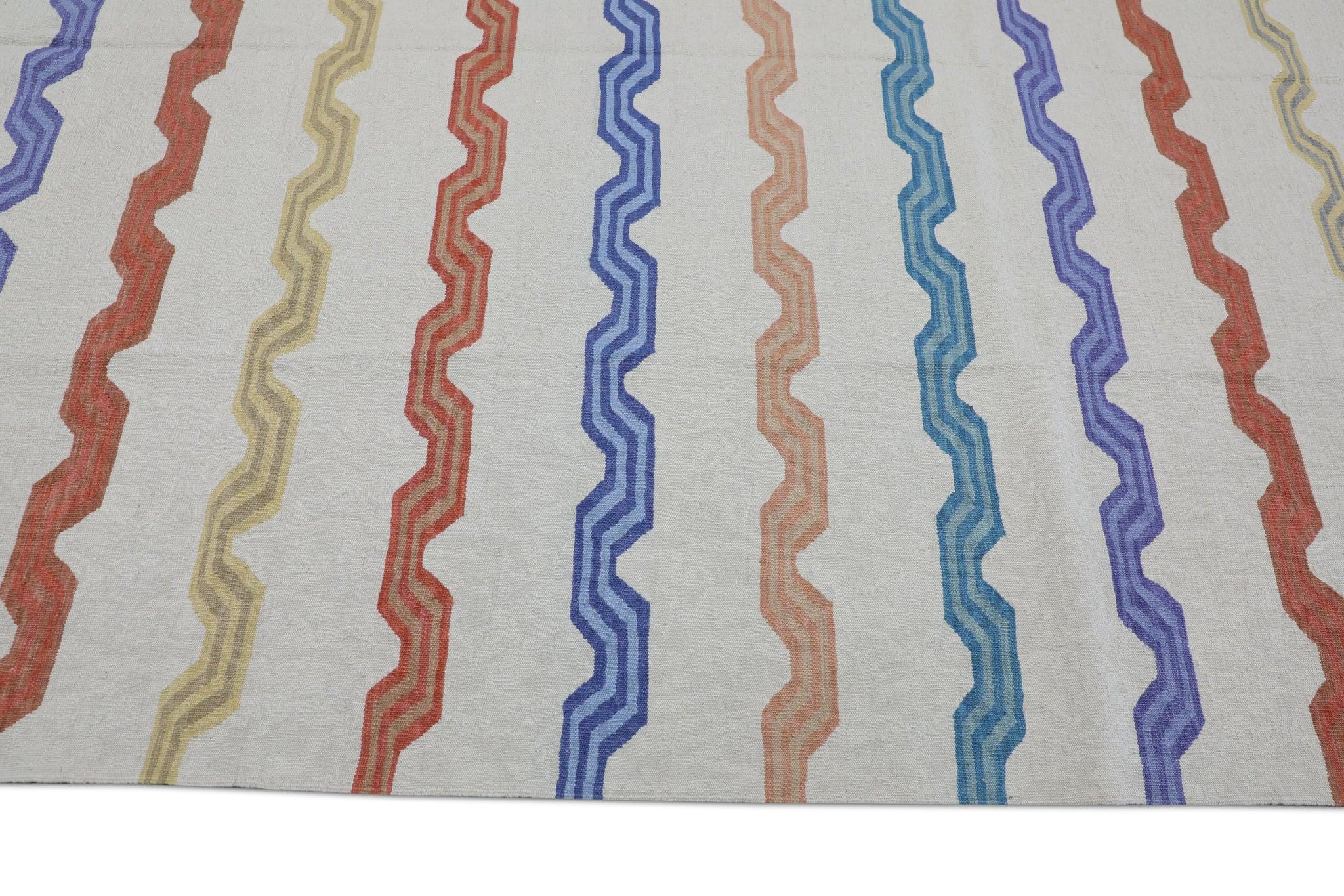 White Flatweave Handmade Wool Rug in Red & Blue Striped Pattern 8'1
