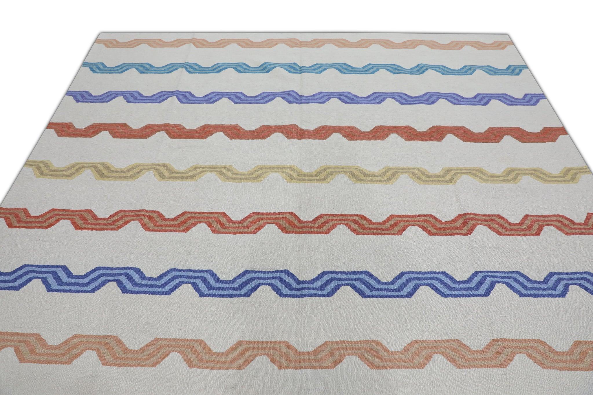 White Flatweave Handmade Wool Rug in Red & Blue Striped Pattern 8'1