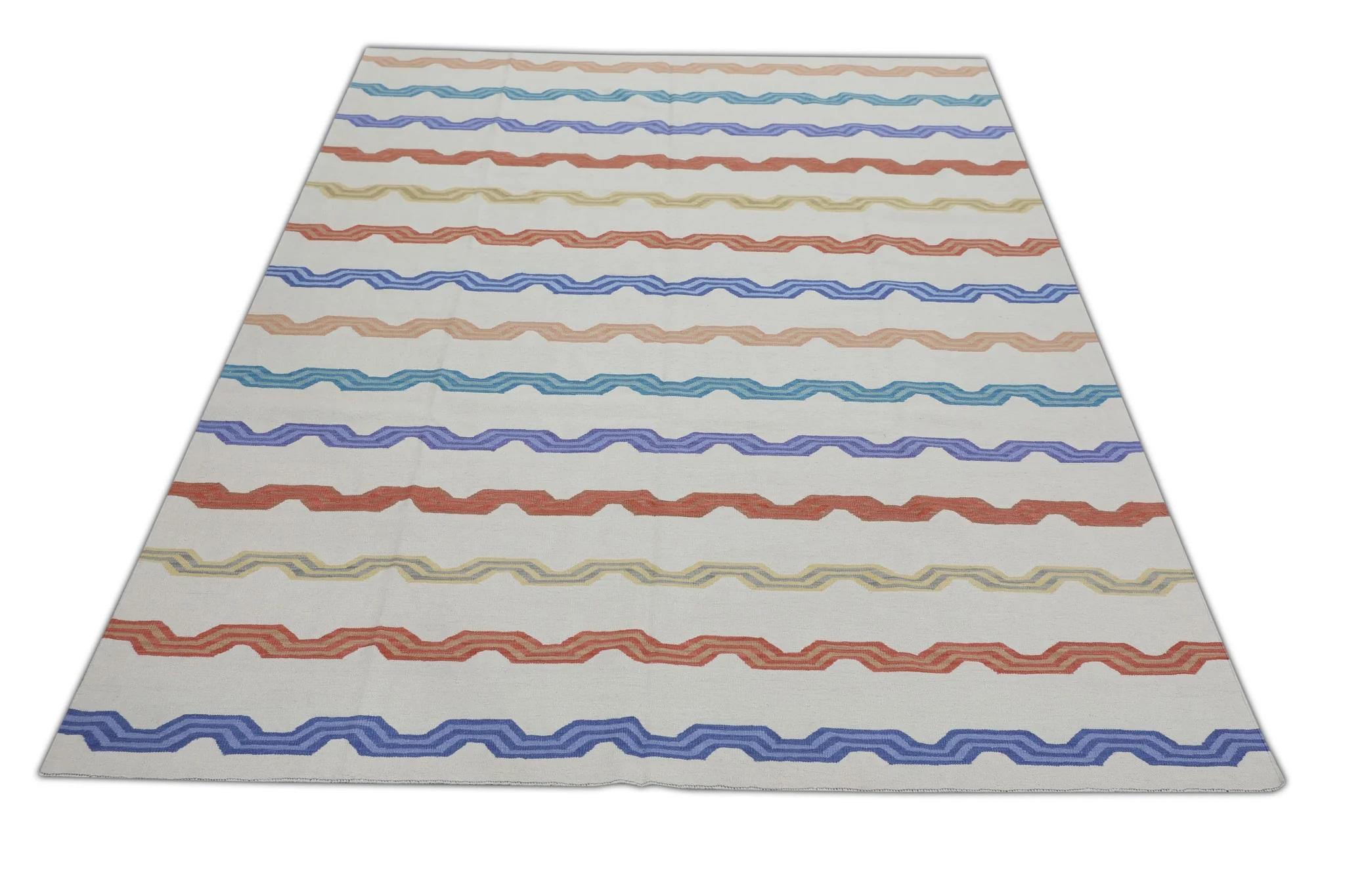 White Flatweave Handmade Wool Rug in Red & Blue Striped Pattern 8'1