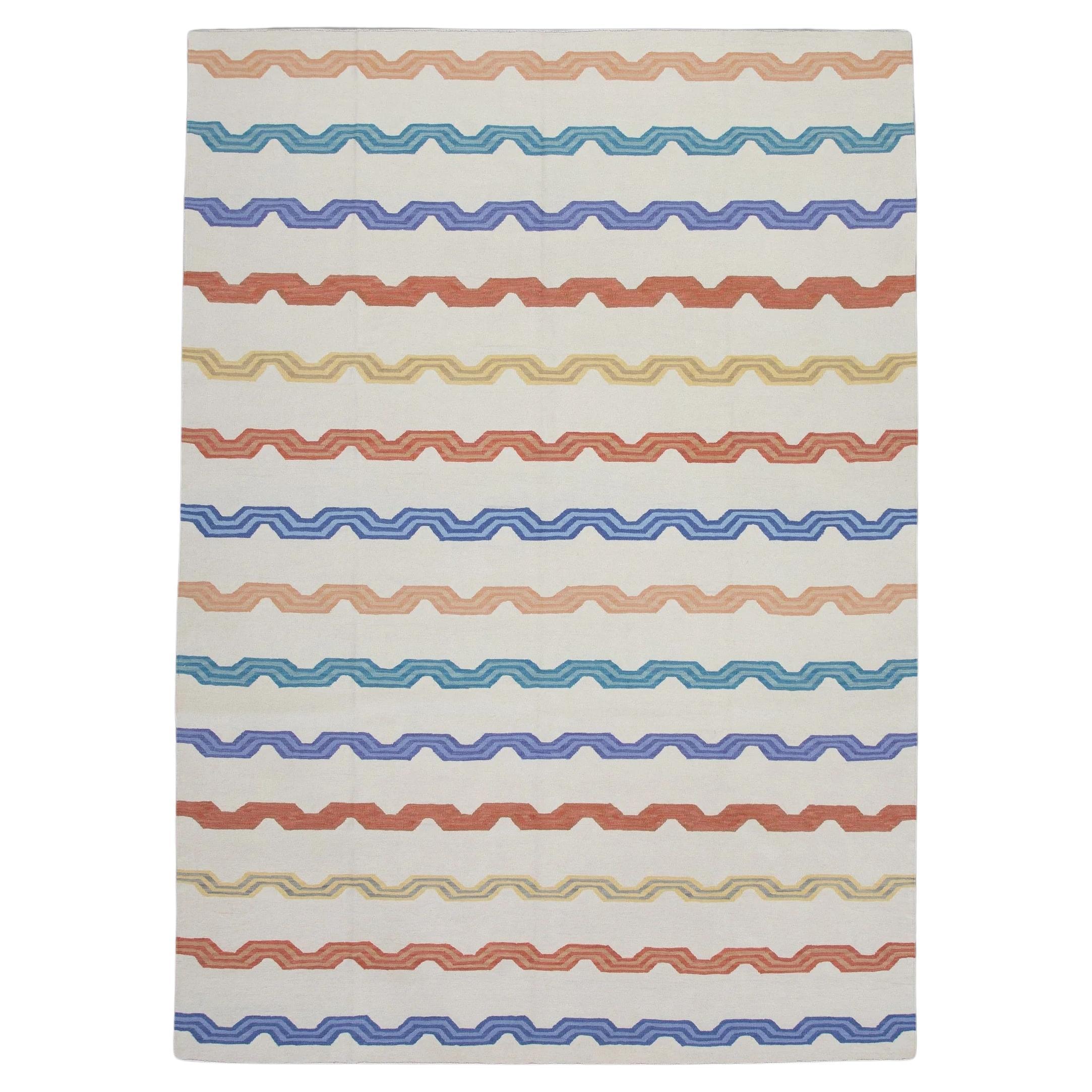 White Flatweave Handmade Wool Rug in Red & Blue Striped Pattern 8'1" X 10'11" For Sale