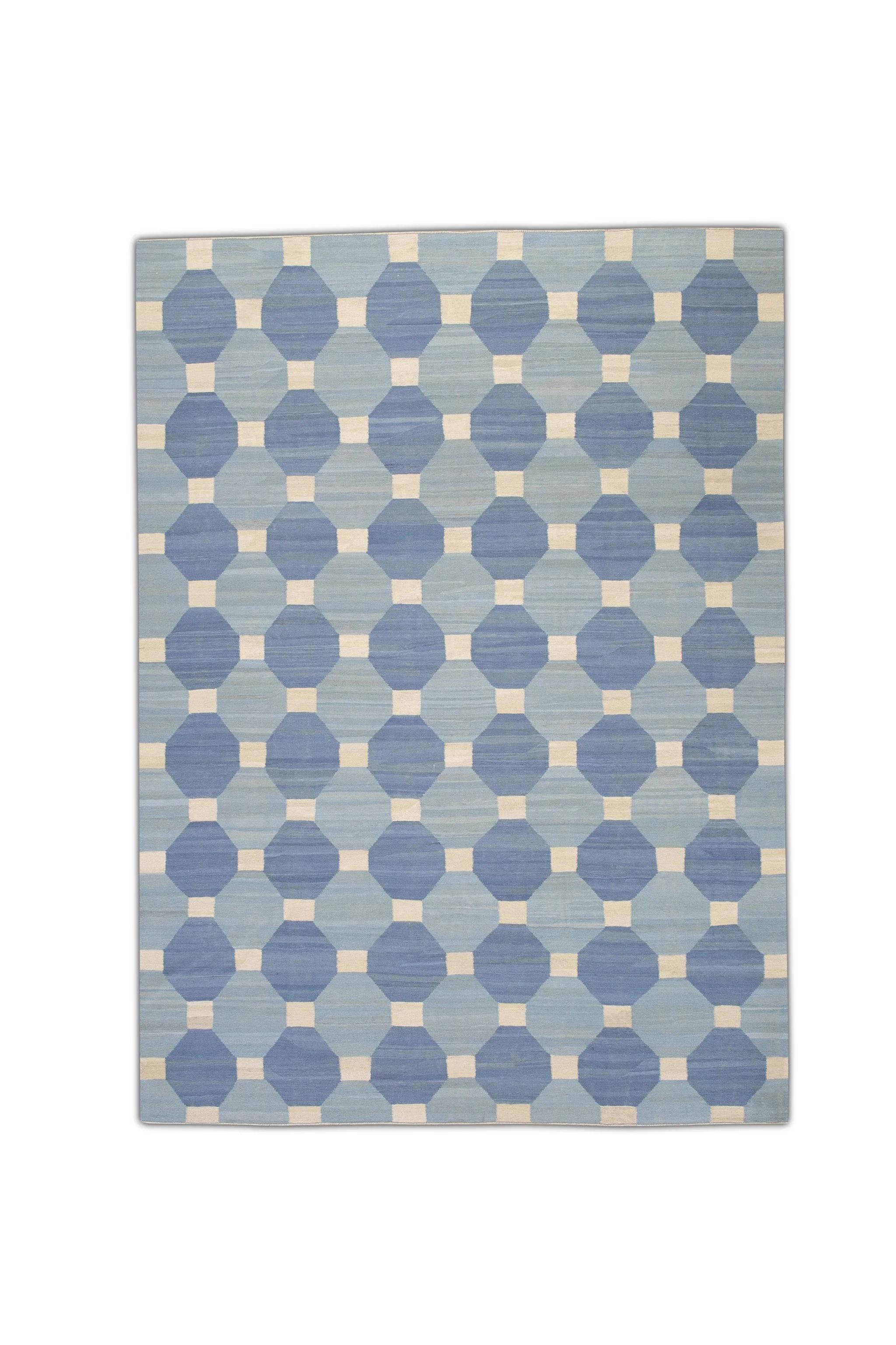 Blue Flatweave Handmade Wool Rug in Geometric Design 8'1