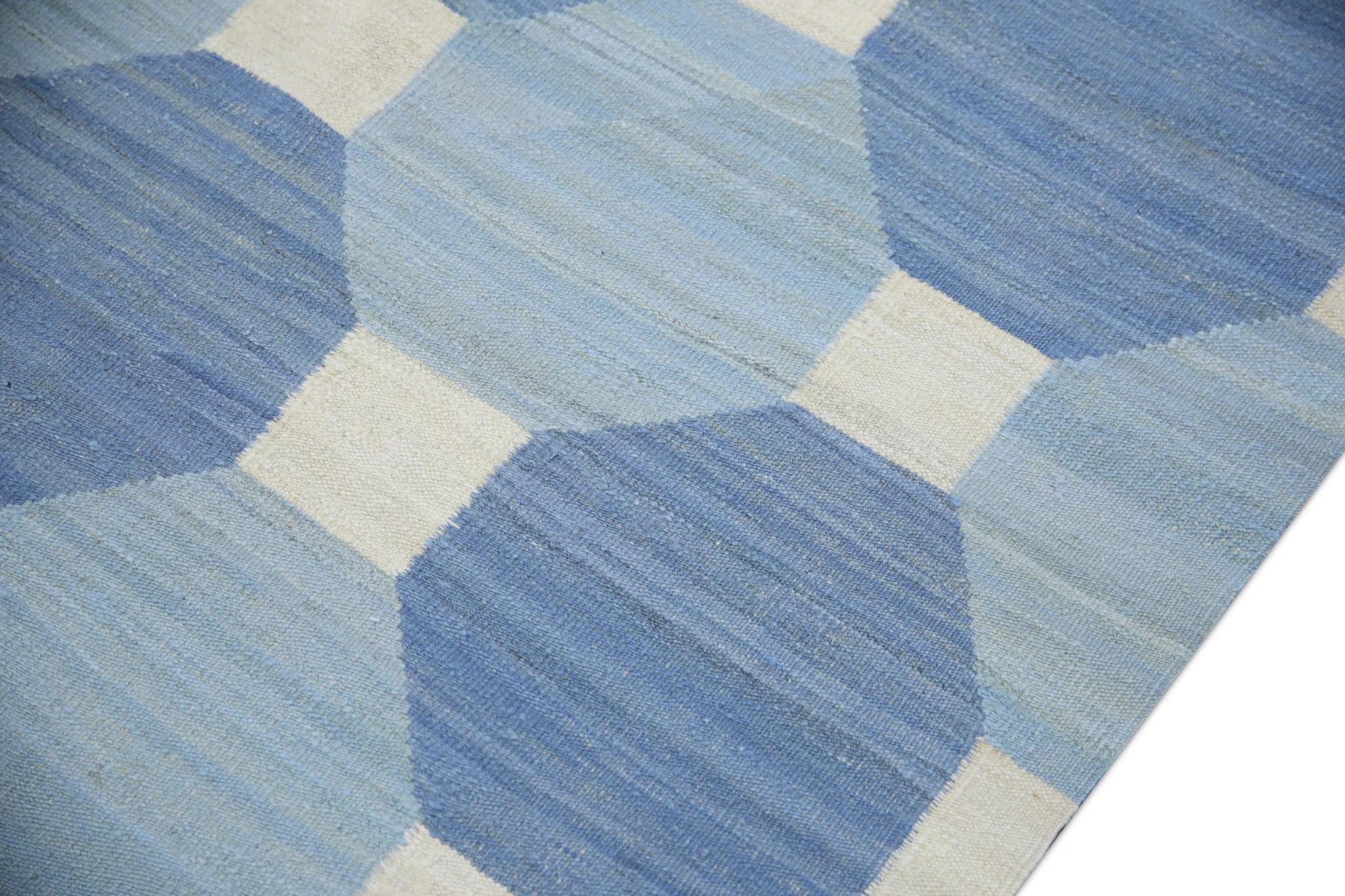 Modern Blue Flatweave Handmade Wool Rug in Geometric Design 8'1