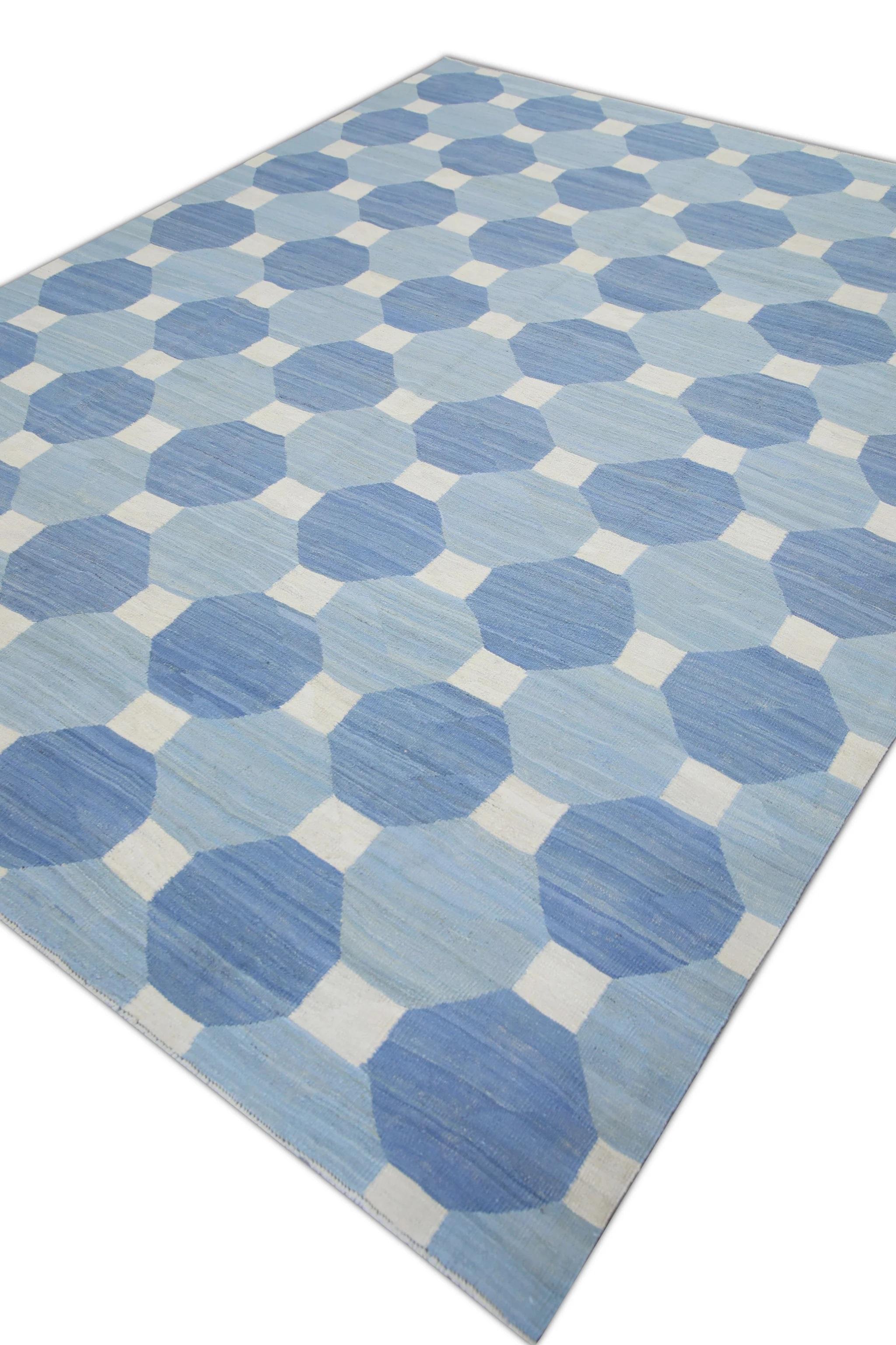 Turkish Blue Flatweave Handmade Wool Rug in Geometric Design 8'1