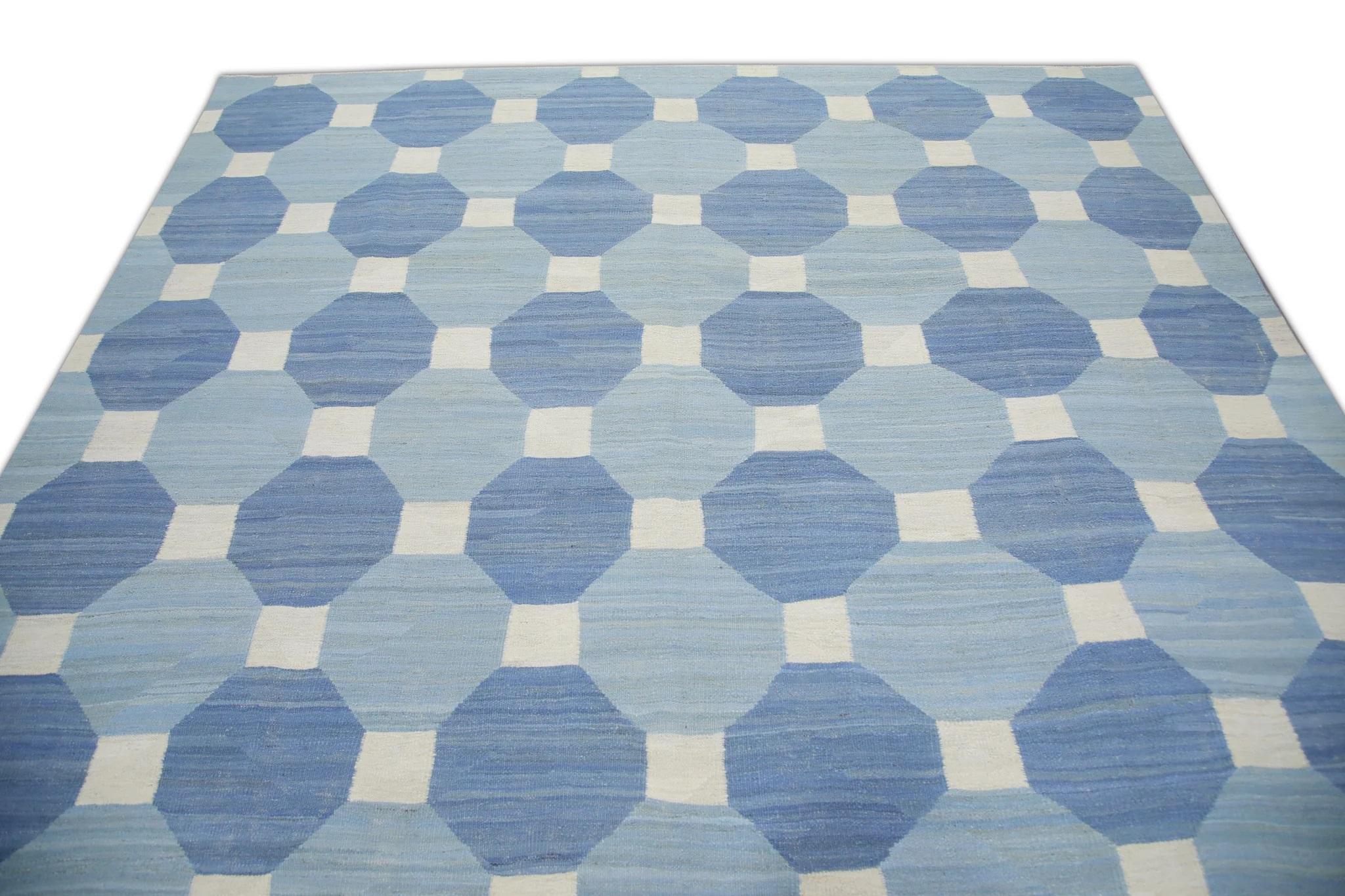 Vegetable Dyed Blue Flatweave Handmade Wool Rug in Geometric Design 8'1