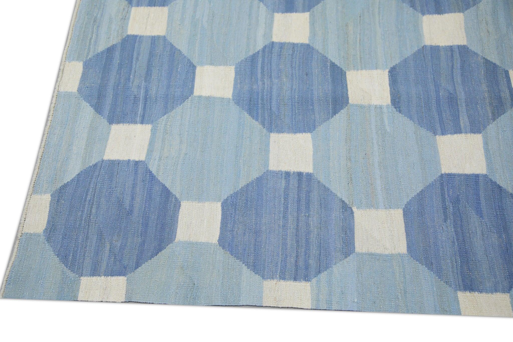 Blue Flatweave Handmade Wool Rug in Geometric Design 8'1