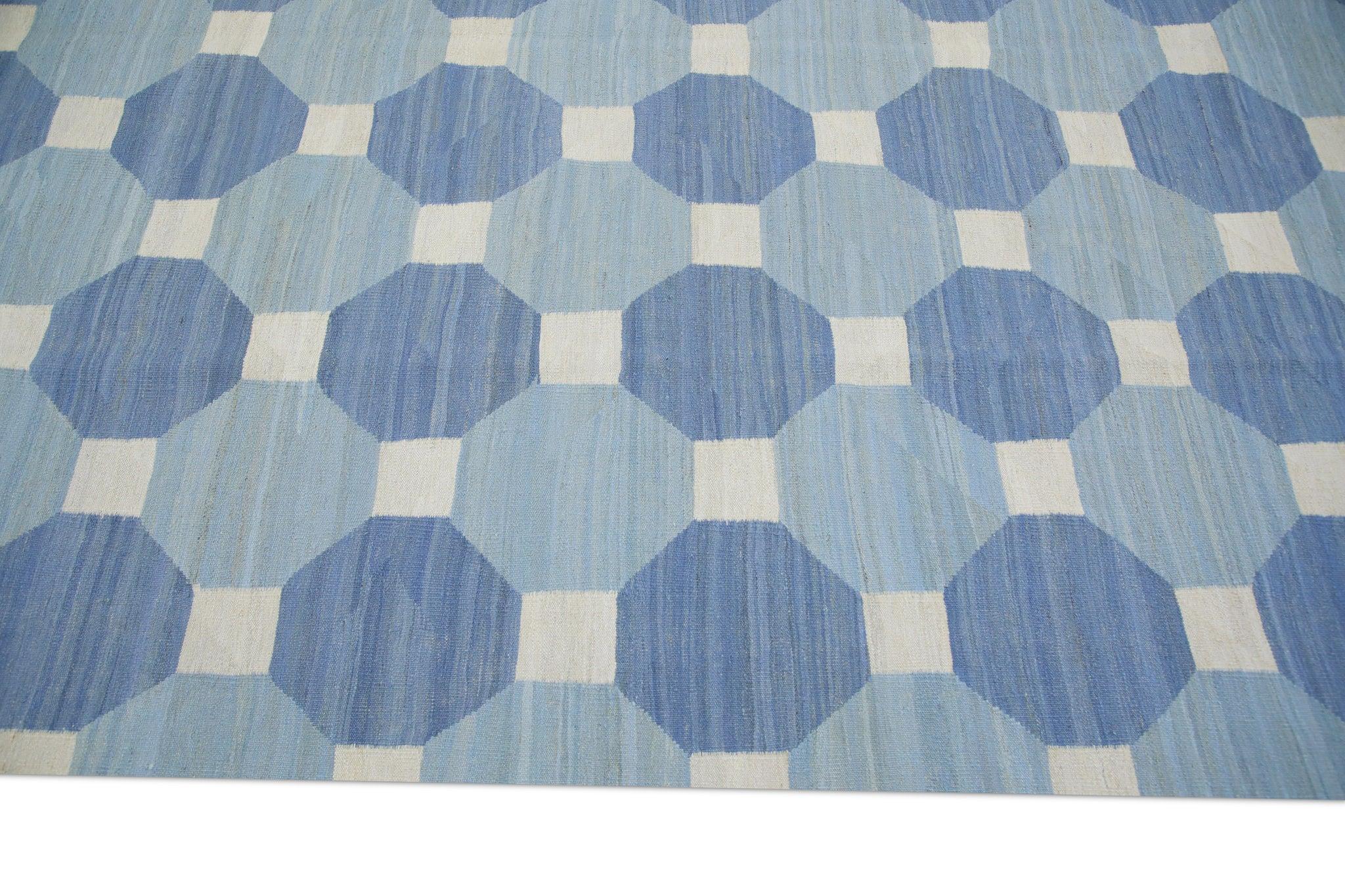Contemporary Blue Flatweave Handmade Wool Rug in Geometric Design 8'1