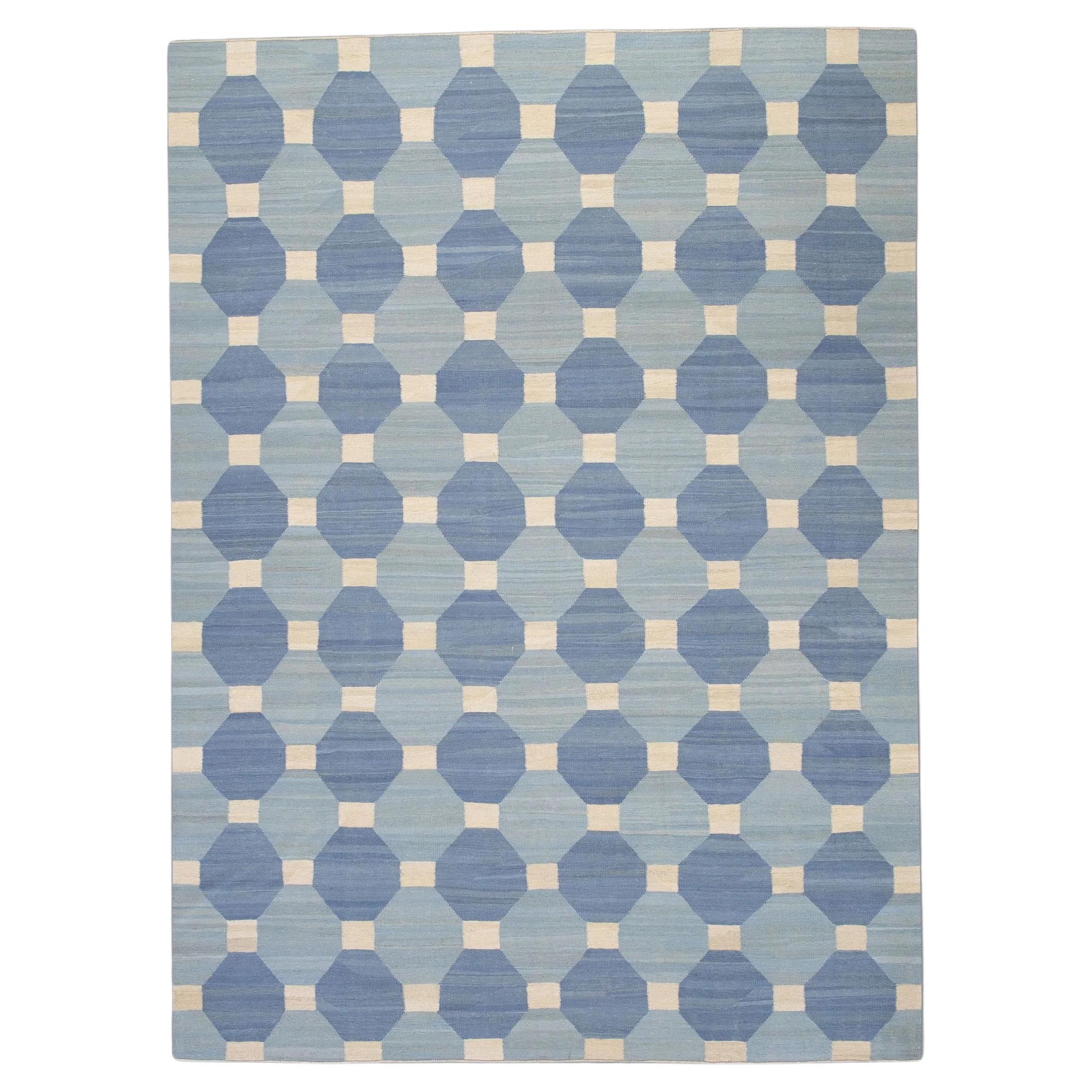 Blue Flatweave Handmade Wool Rug in Geometric Design 8'1" X 10'6"