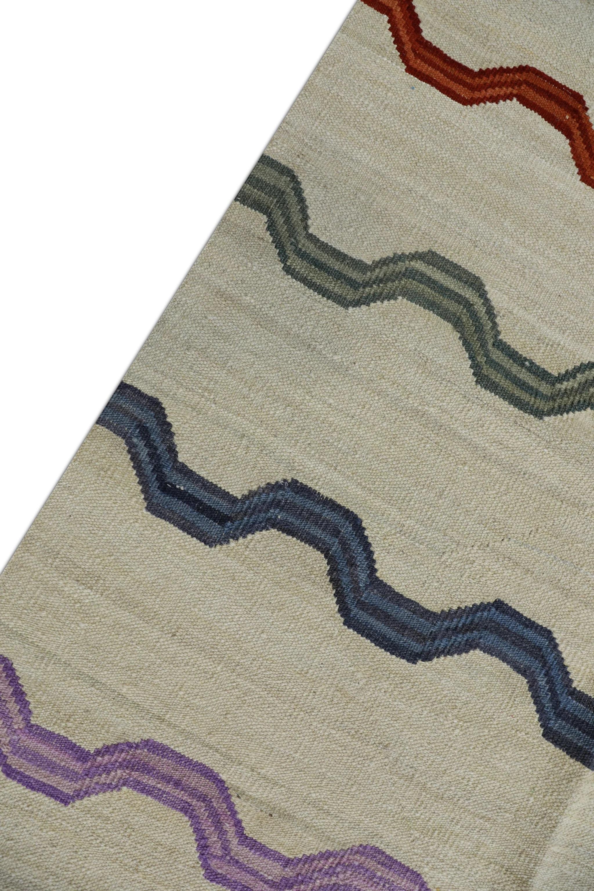 Modern Beige Flatweave Handmade Wool Rug in Multicolor Striped Pattern 8'1