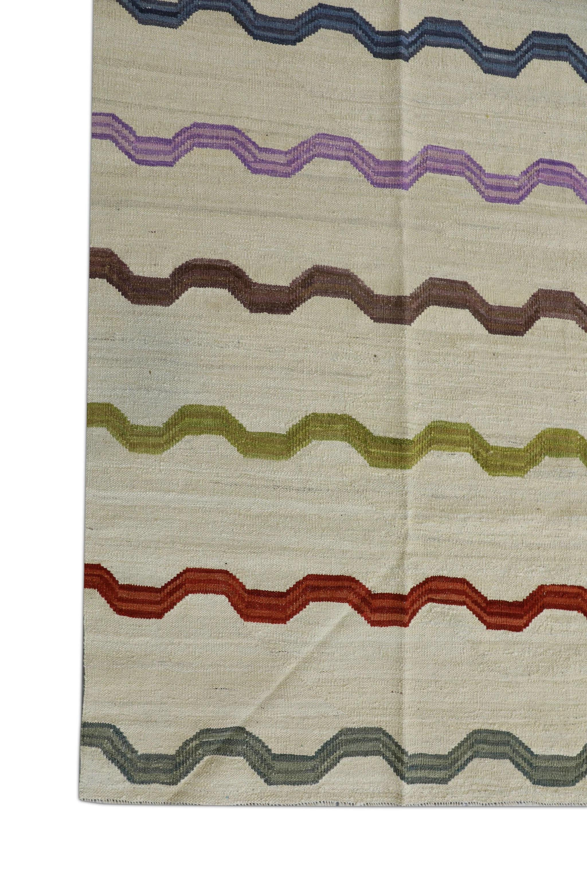 Turkish Beige Flatweave Handmade Wool Rug in Multicolor Striped Pattern 8'1
