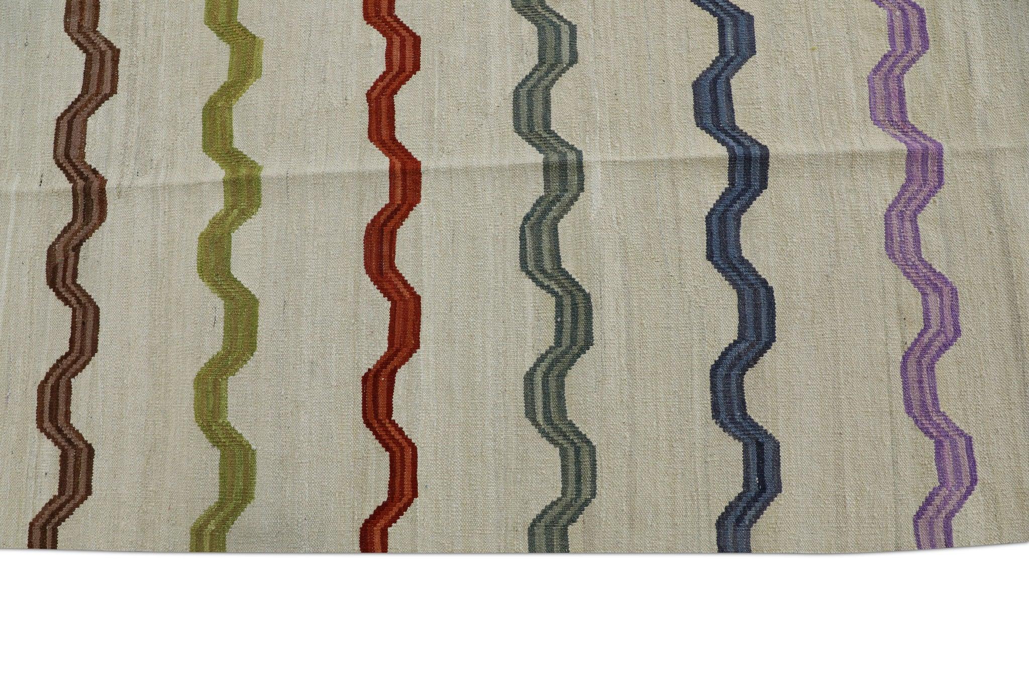 Vegetable Dyed Beige Flatweave Handmade Wool Rug in Multicolor Striped Pattern 8'1