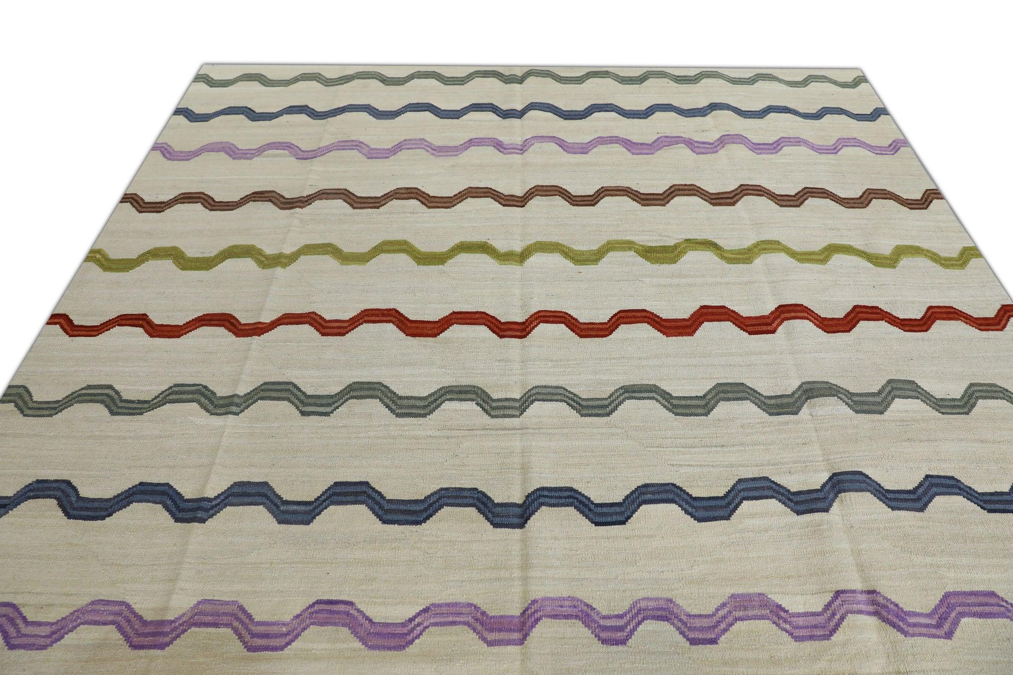 Beige Flatweave Handmade Wool Rug in Multicolor Striped Pattern 8'1