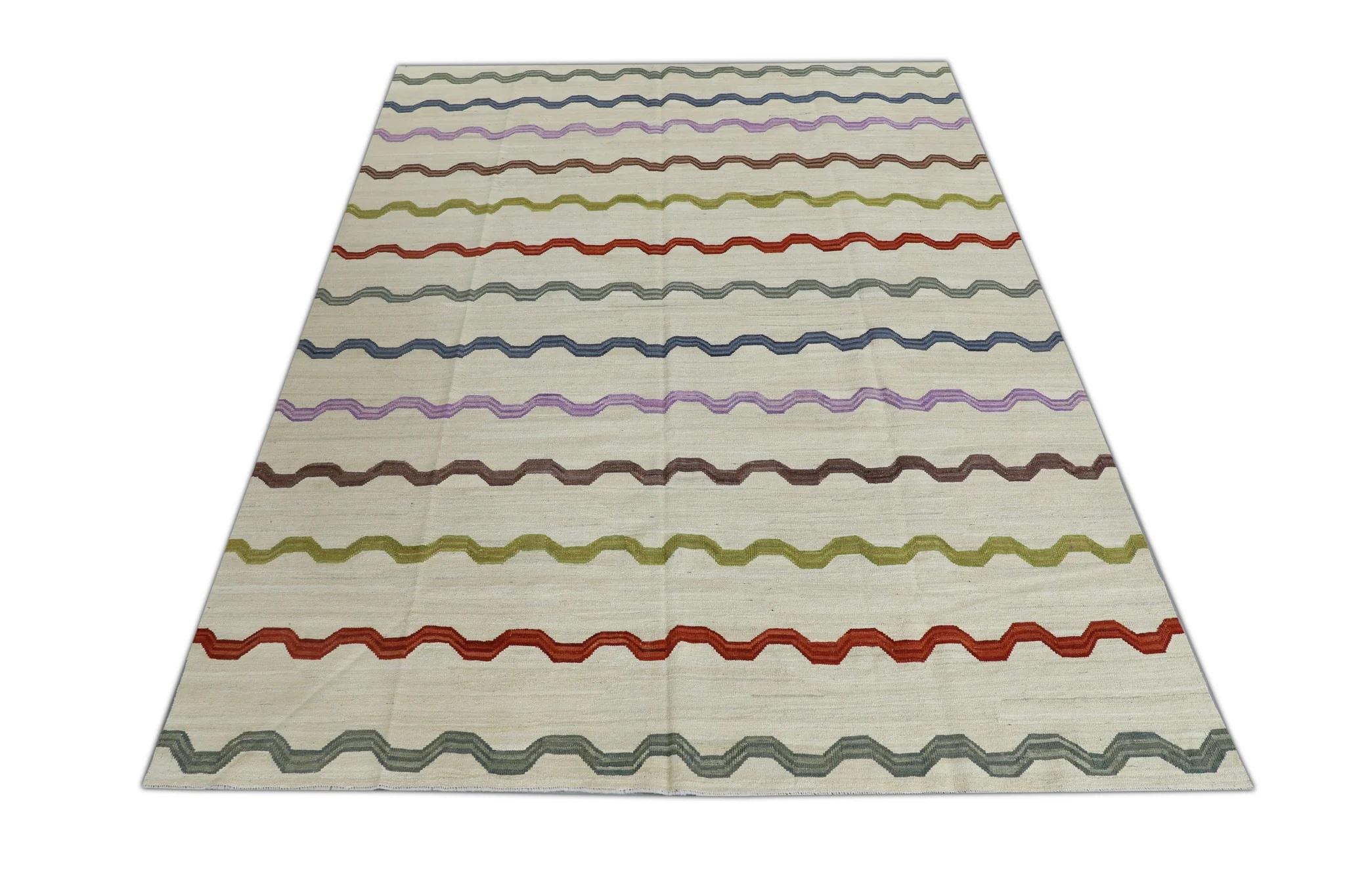 Contemporary Beige Flatweave Handmade Wool Rug in Multicolor Striped Pattern 8'1