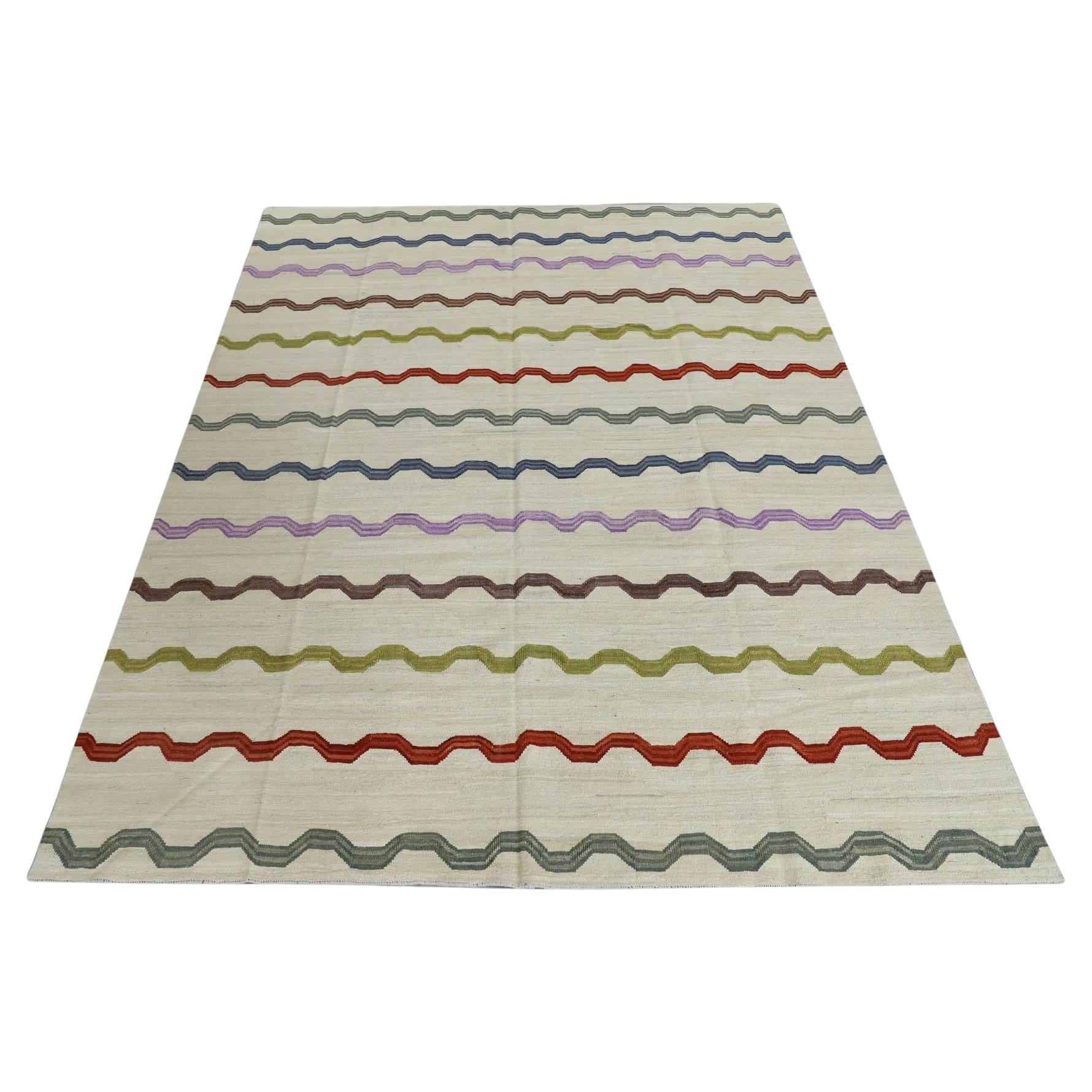 Alfombra de lana beige de tejido plano hecho a mano con diseño de rayas multicolor 8'1" X 10'8