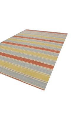 Red and Yellow Stripe Design Flatweave Handmade Wool Rug 8'10" x 12'2"