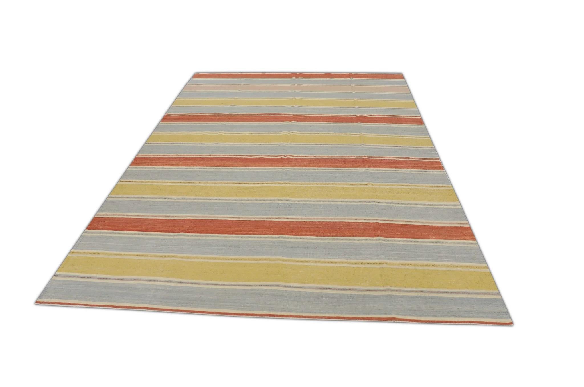 Modern Red and Yellow Stripe Design Flatweave Handmade Wool Rug 8'10