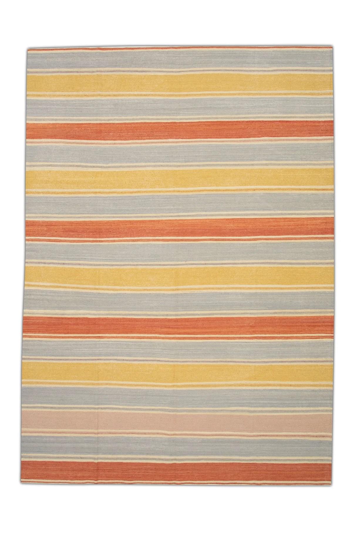 Turkish Red and Yellow Stripe Design Flatweave Handmade Wool Rug 8'10