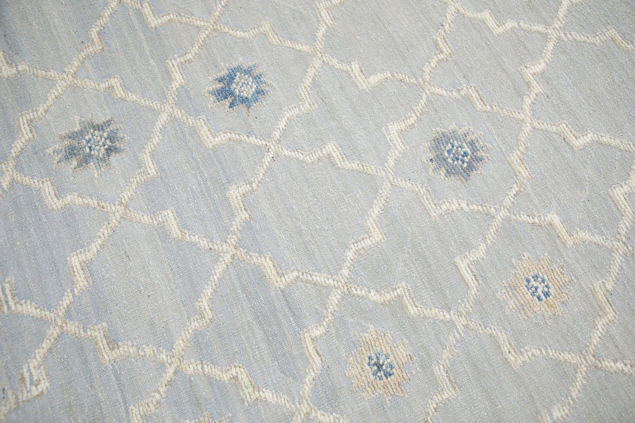 Modern Blue Geometric Design Flatweave Handmade Wool Rug 8'11