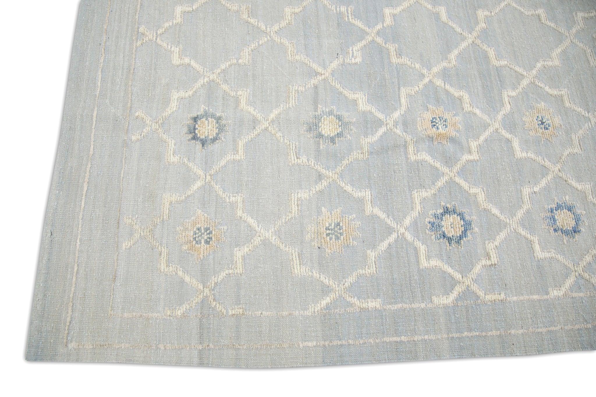 Turkish Blue Geometric Design Flatweave Handmade Wool Rug 8'11