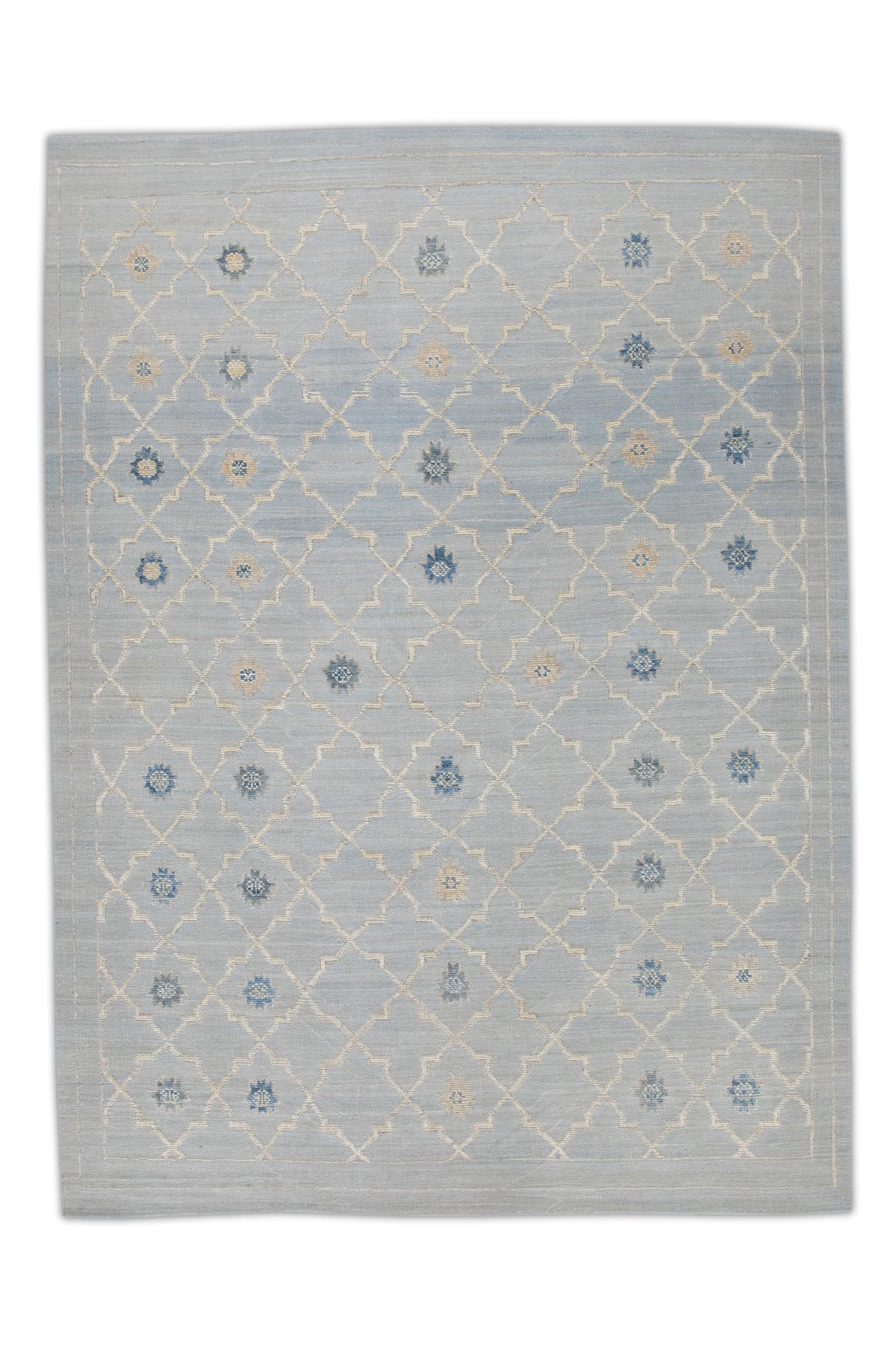 Contemporary Blue Geometric Design Flatweave Handmade Wool Rug 8'11