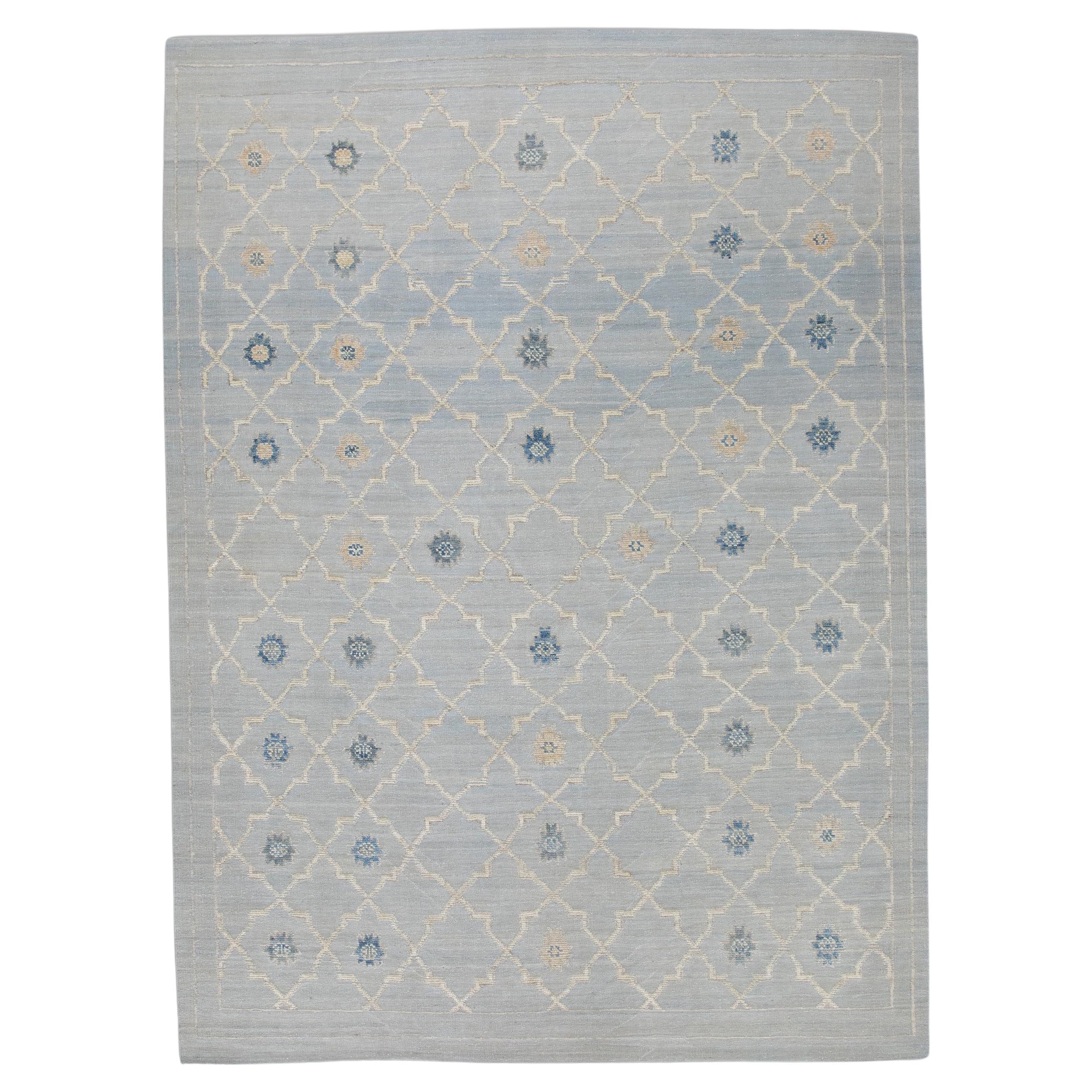 Blue Geometric Design Flatweave Handmade Wool Rug 8'11" X 12'