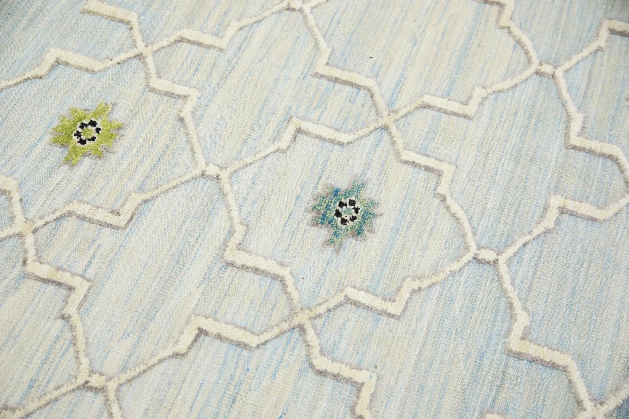 Modern Blue and Green Geometric Design Flatweave Handmade Wool Rug 8'3