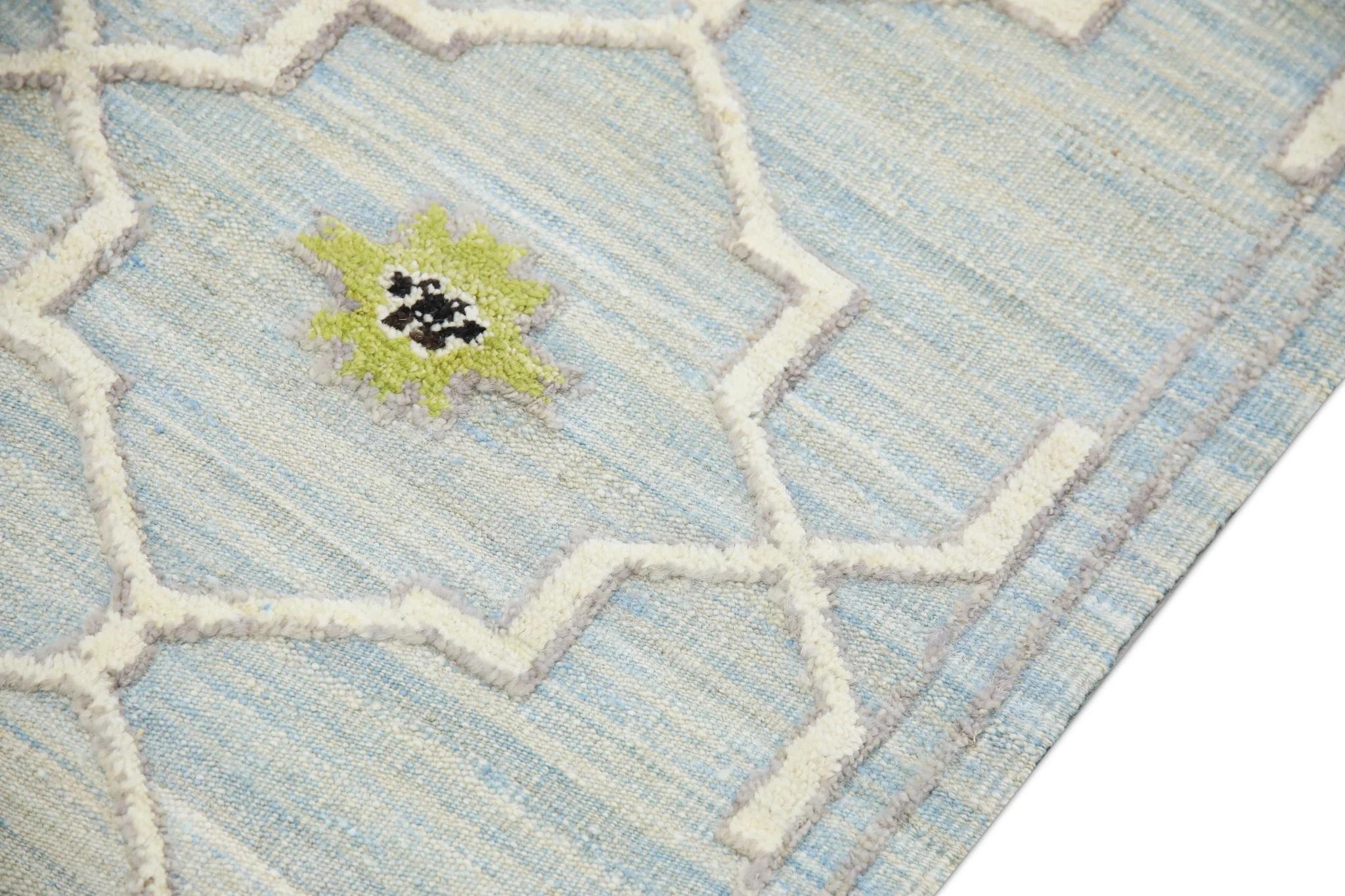 Turkish Blue and Green Geometric Design Flatweave Handmade Wool Rug 8'3