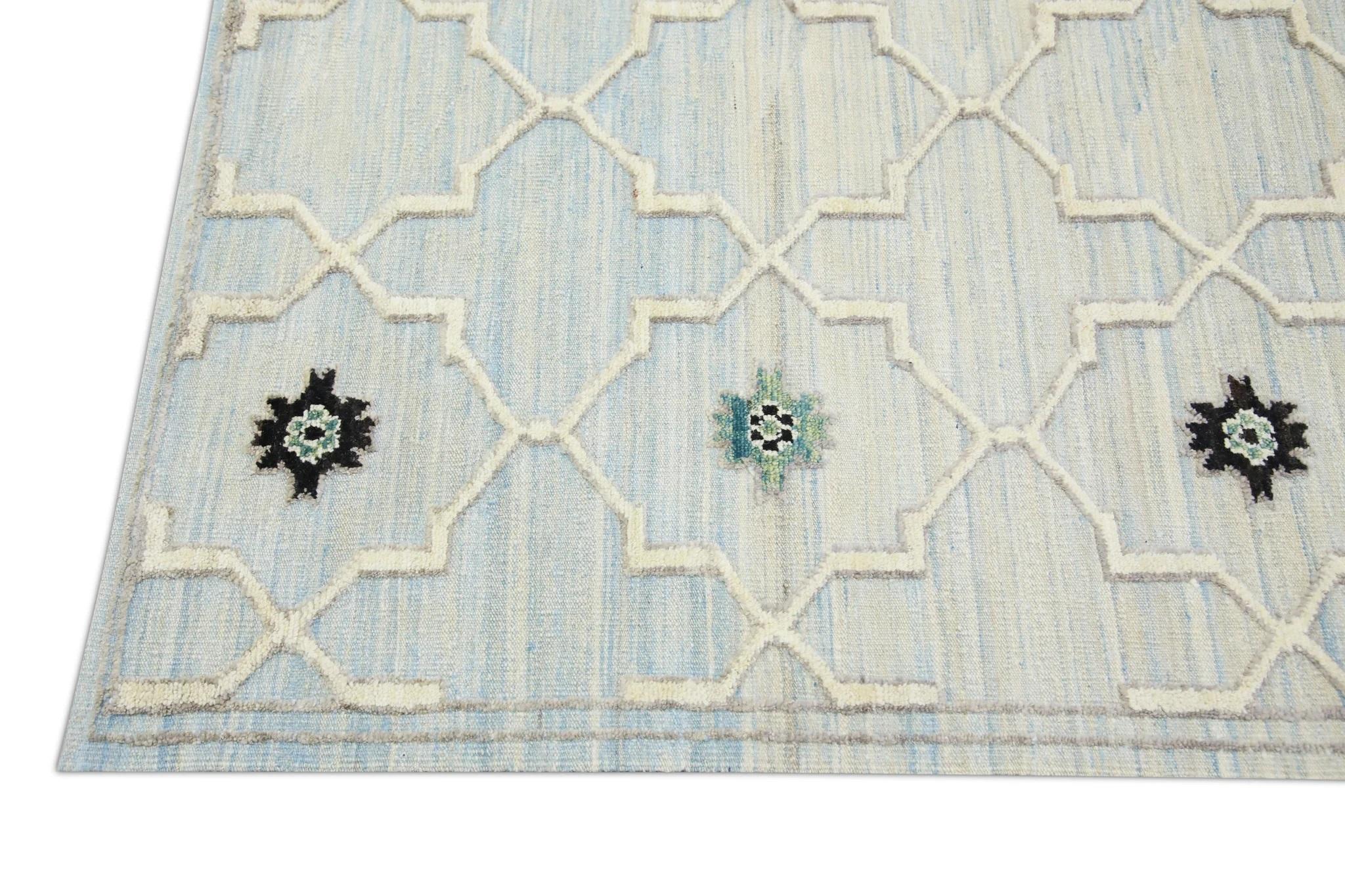 Vegetable Dyed Blue and Green Geometric Design Flatweave Handmade Wool Rug 8'3