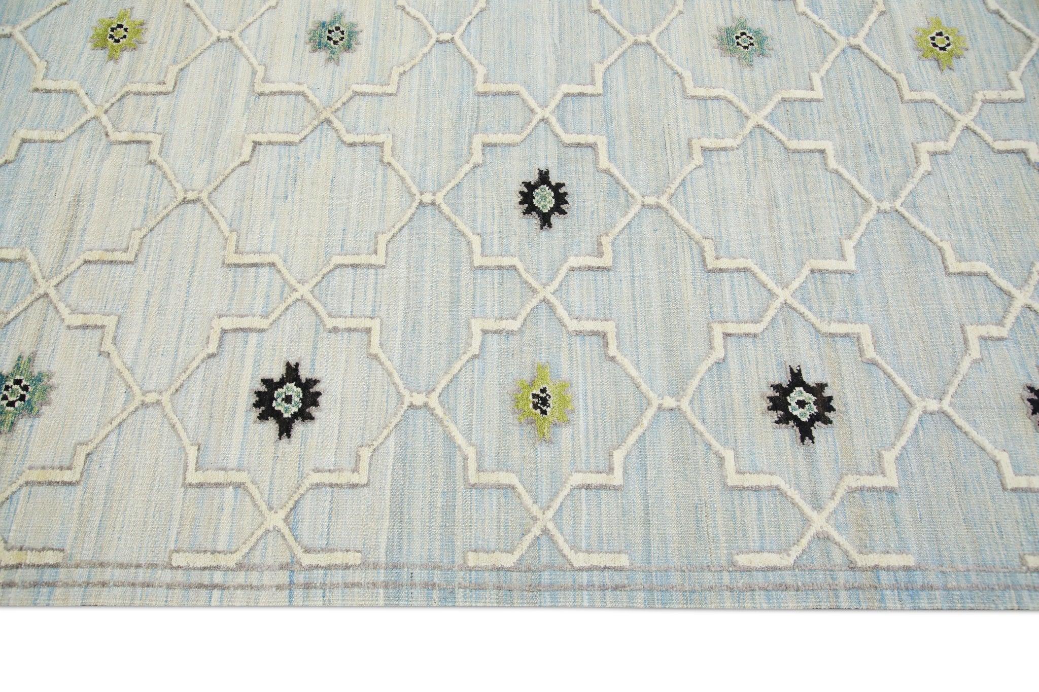 Blue and Green Geometric Design Flatweave Handmade Wool Rug 8'3