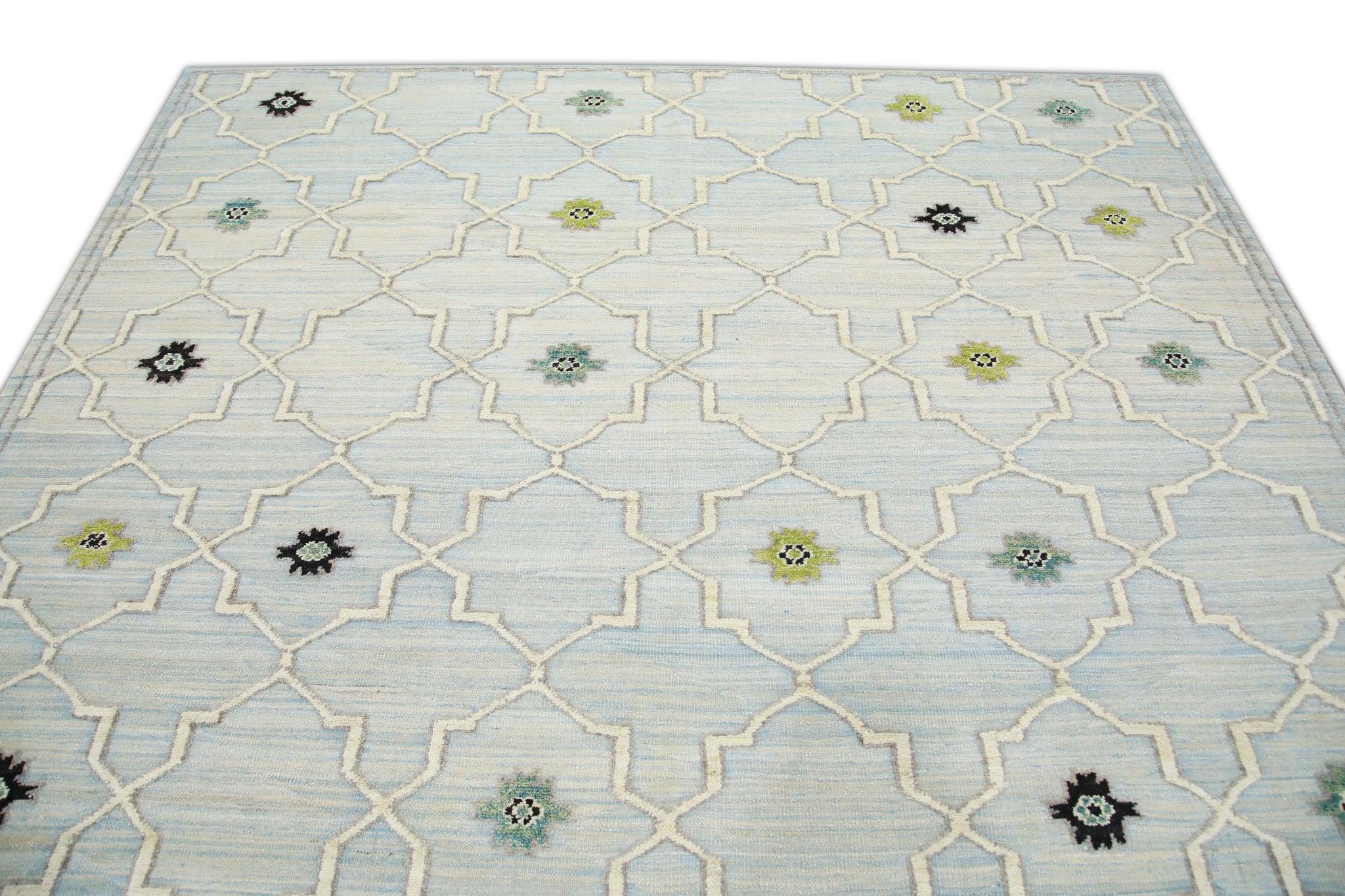 Contemporary Blue and Green Geometric Design Flatweave Handmade Wool Rug 8'3