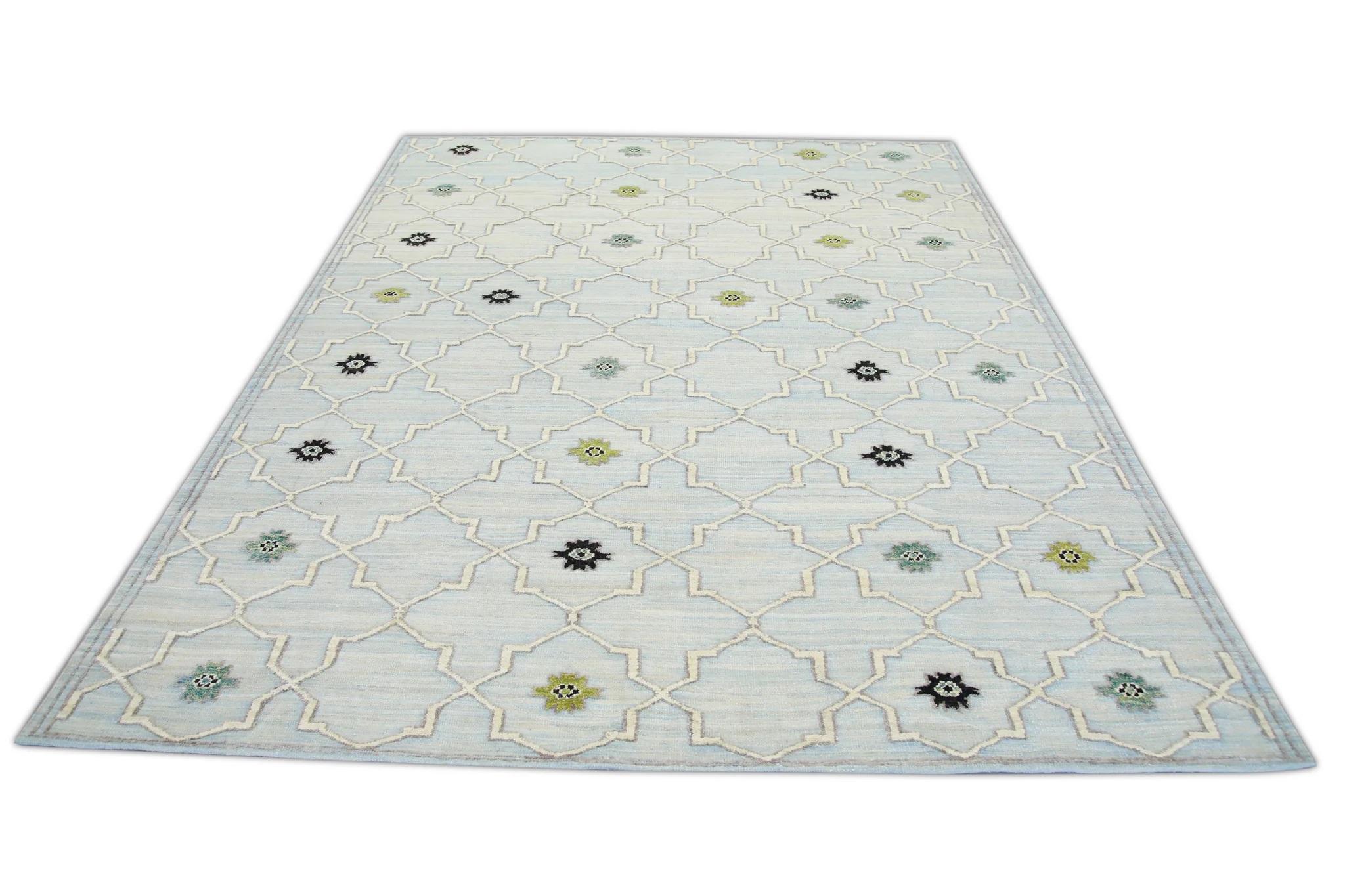 Blue and Green Geometric Design Flatweave Handmade Wool Rug 8'3