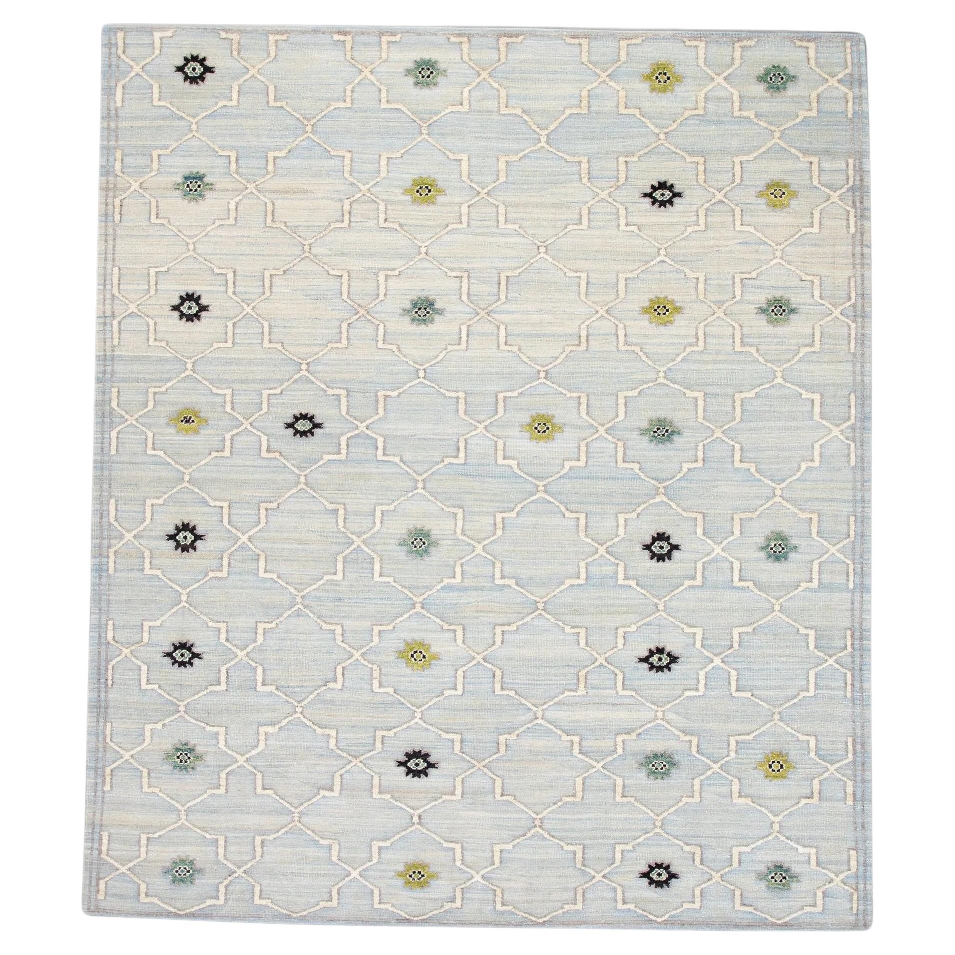Blue and Green Geometric Design Flatweave Handmade Wool Rug 8'3" X 10'2" For Sale