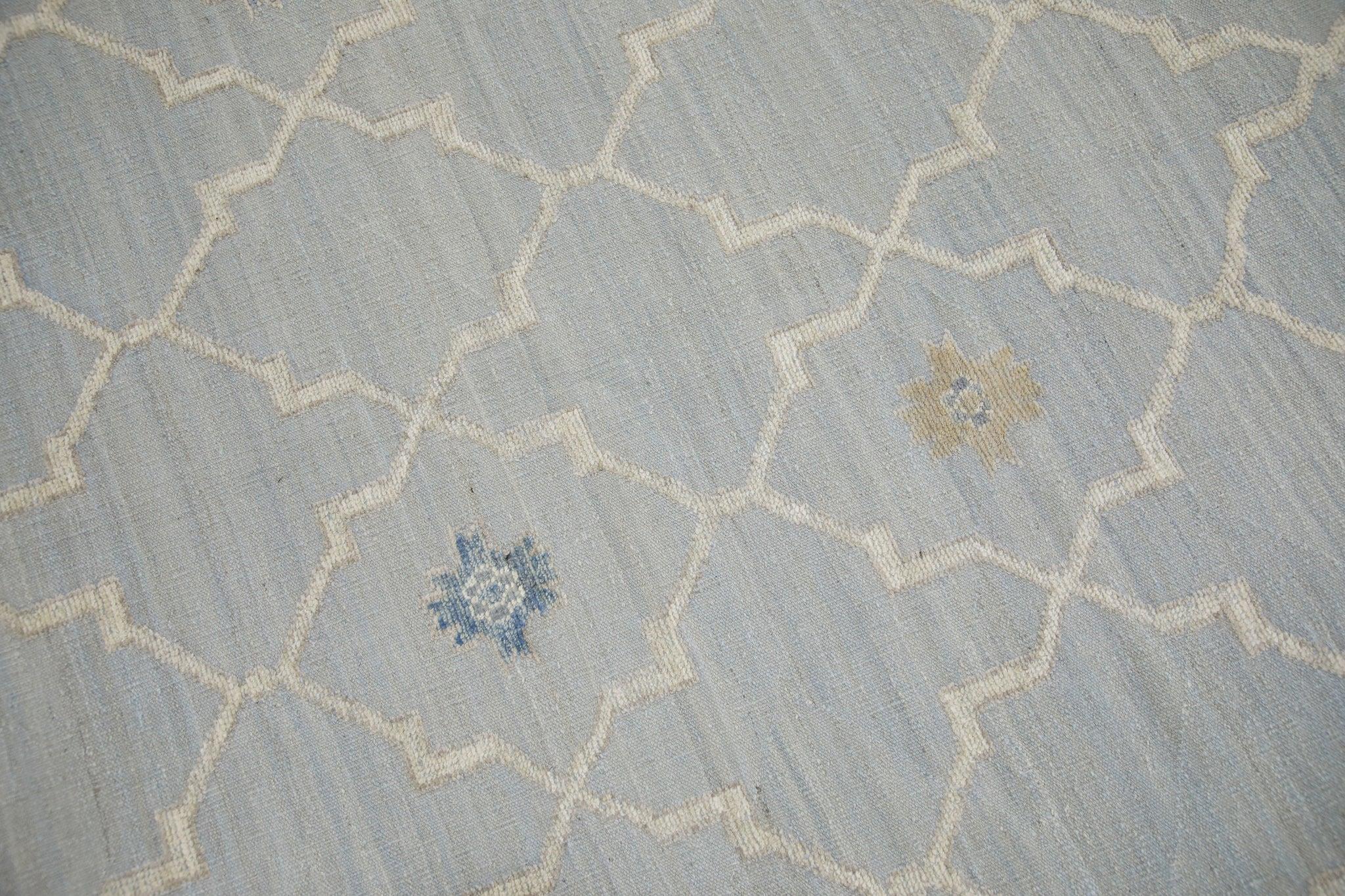 Modern Blue Geometric Design Flatweave Handmade Wool Rug 8'3