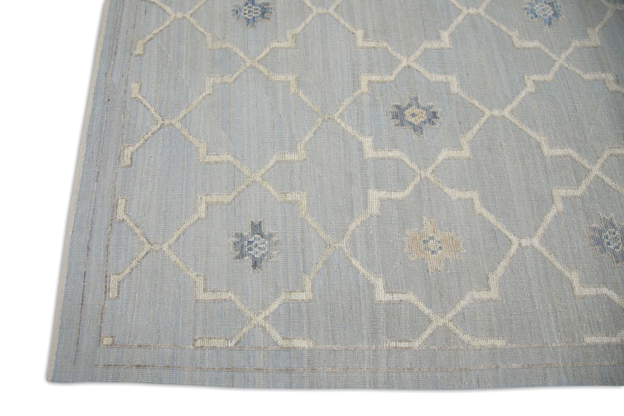 Turkish Blue Geometric Design Flatweave Handmade Wool Rug 8'3