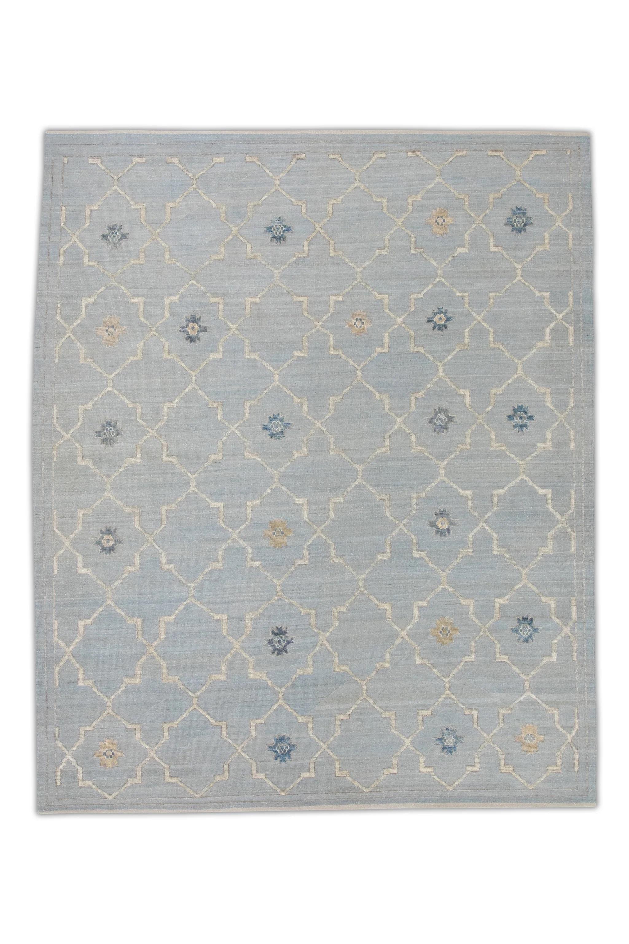 Contemporary Blue Geometric Design Flatweave Handmade Wool Rug 8'3
