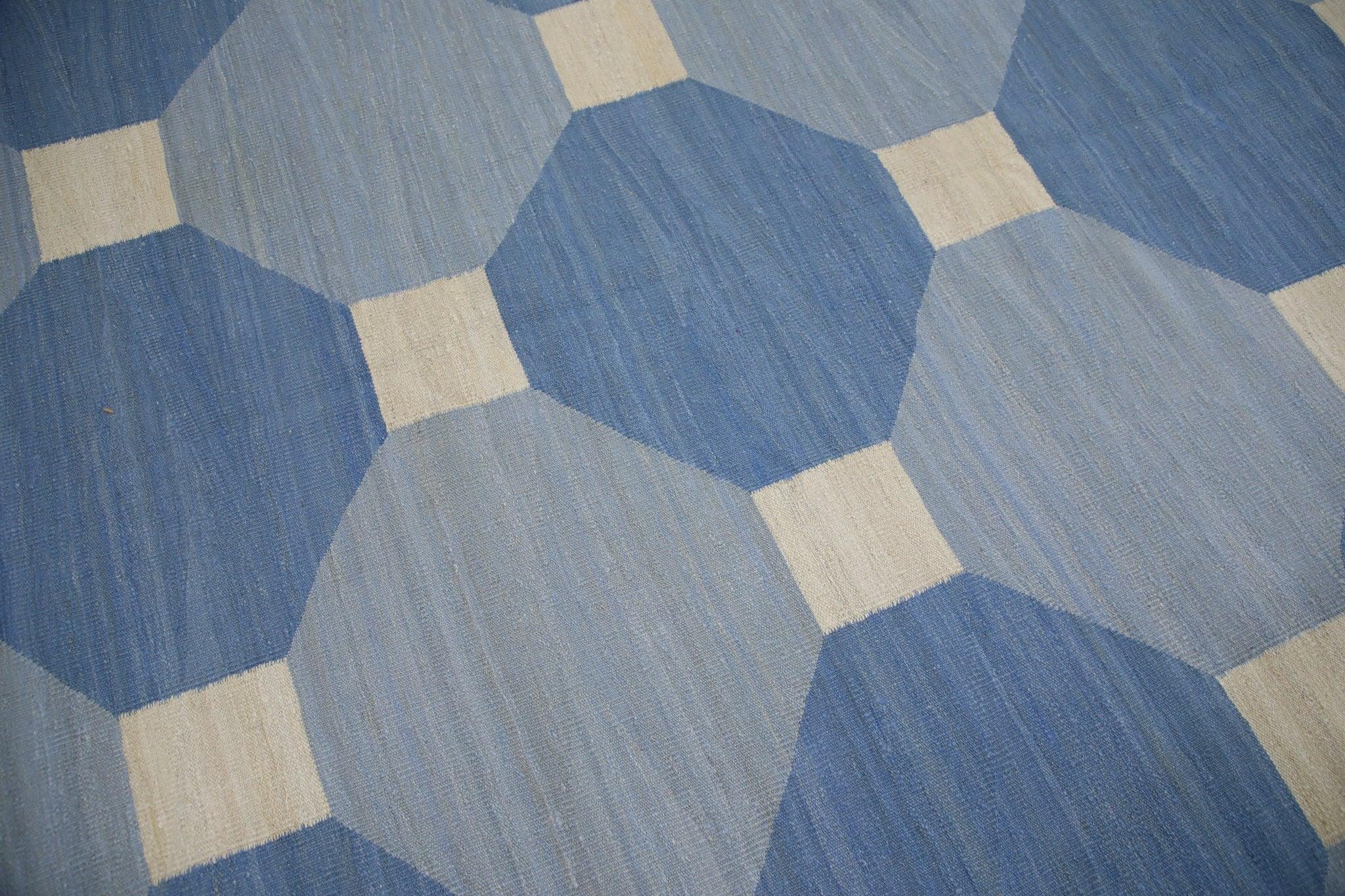 Modern Blue Geometric Design Flatweave Handmade Wool Rug 8'4