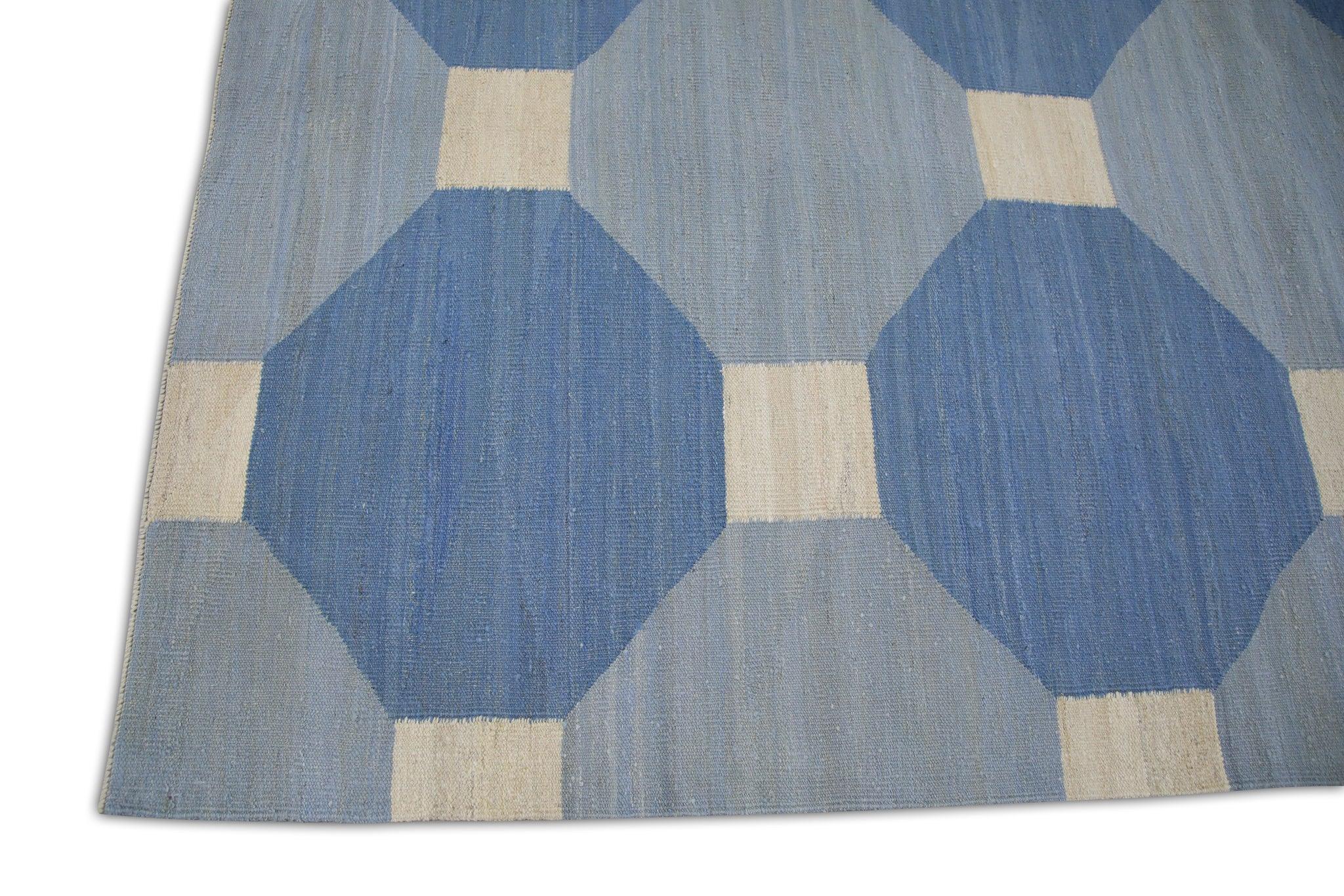 Turkish Blue Geometric Design Flatweave Handmade Wool Rug 8'4