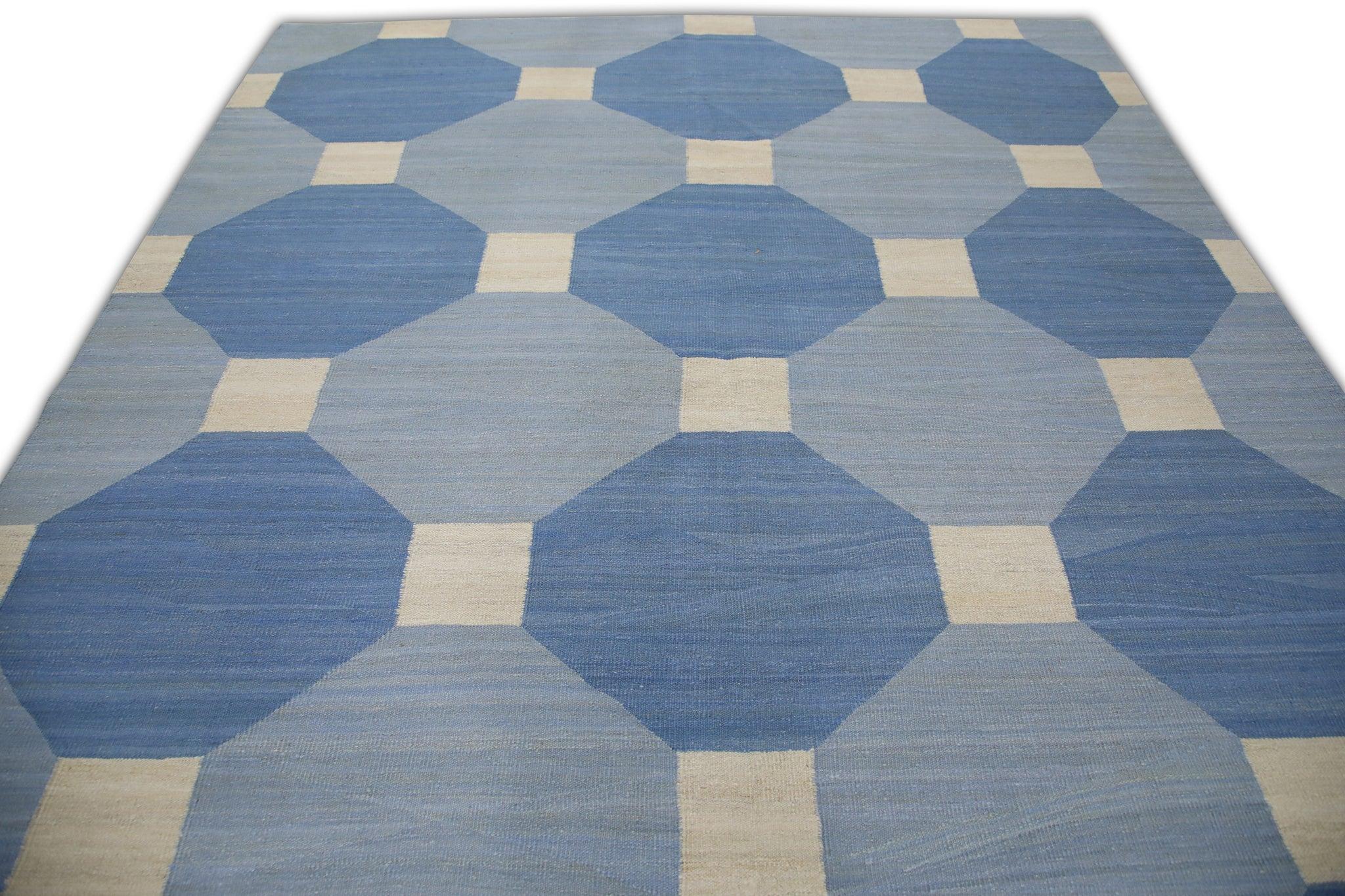 Vegetable Dyed Blue Geometric Design Flatweave Handmade Wool Rug 8'4