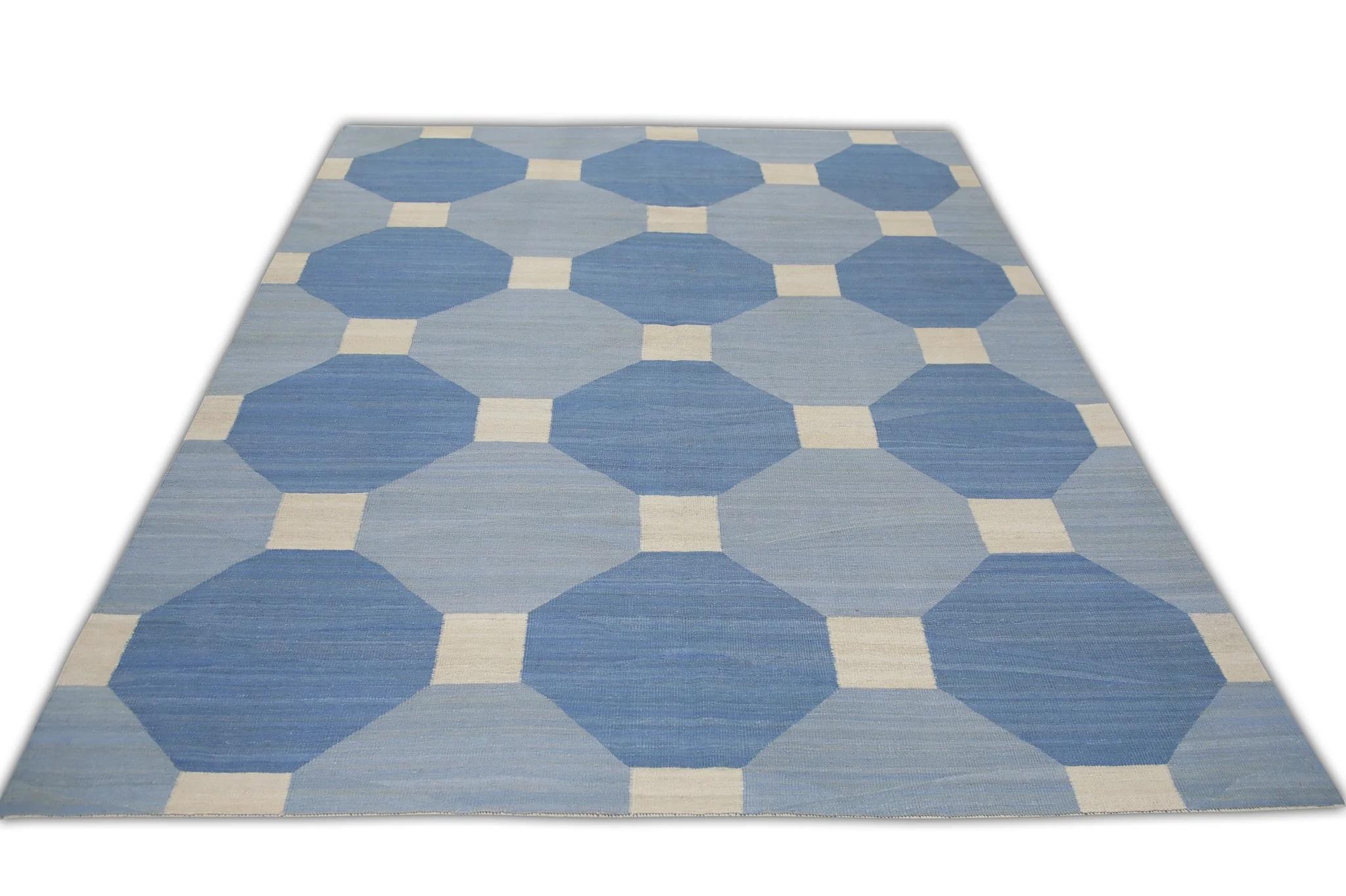 Blue Geometric Design Flatweave Handmade Wool Rug 8'4