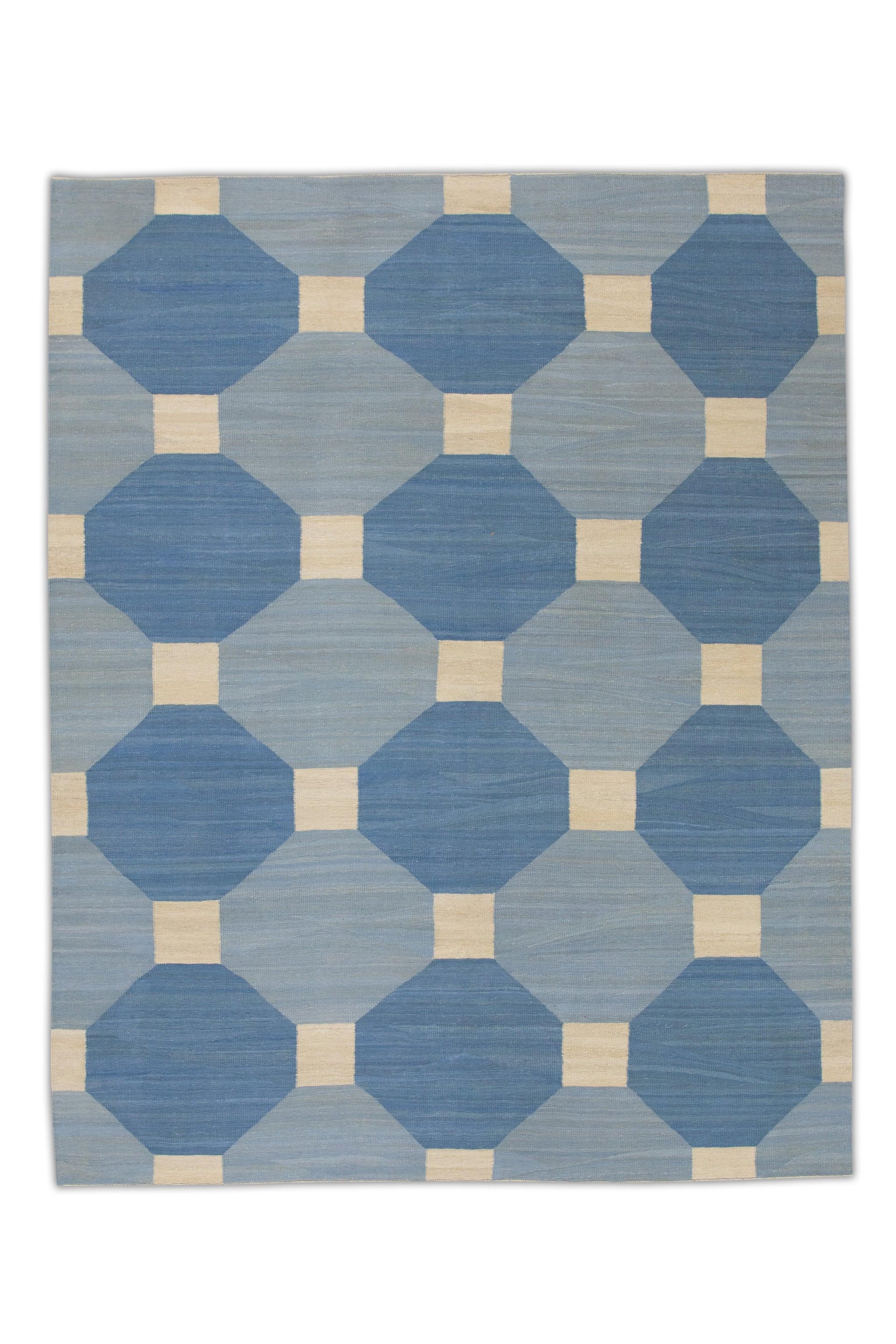 Contemporary Blue Geometric Design Flatweave Handmade Wool Rug 8'4