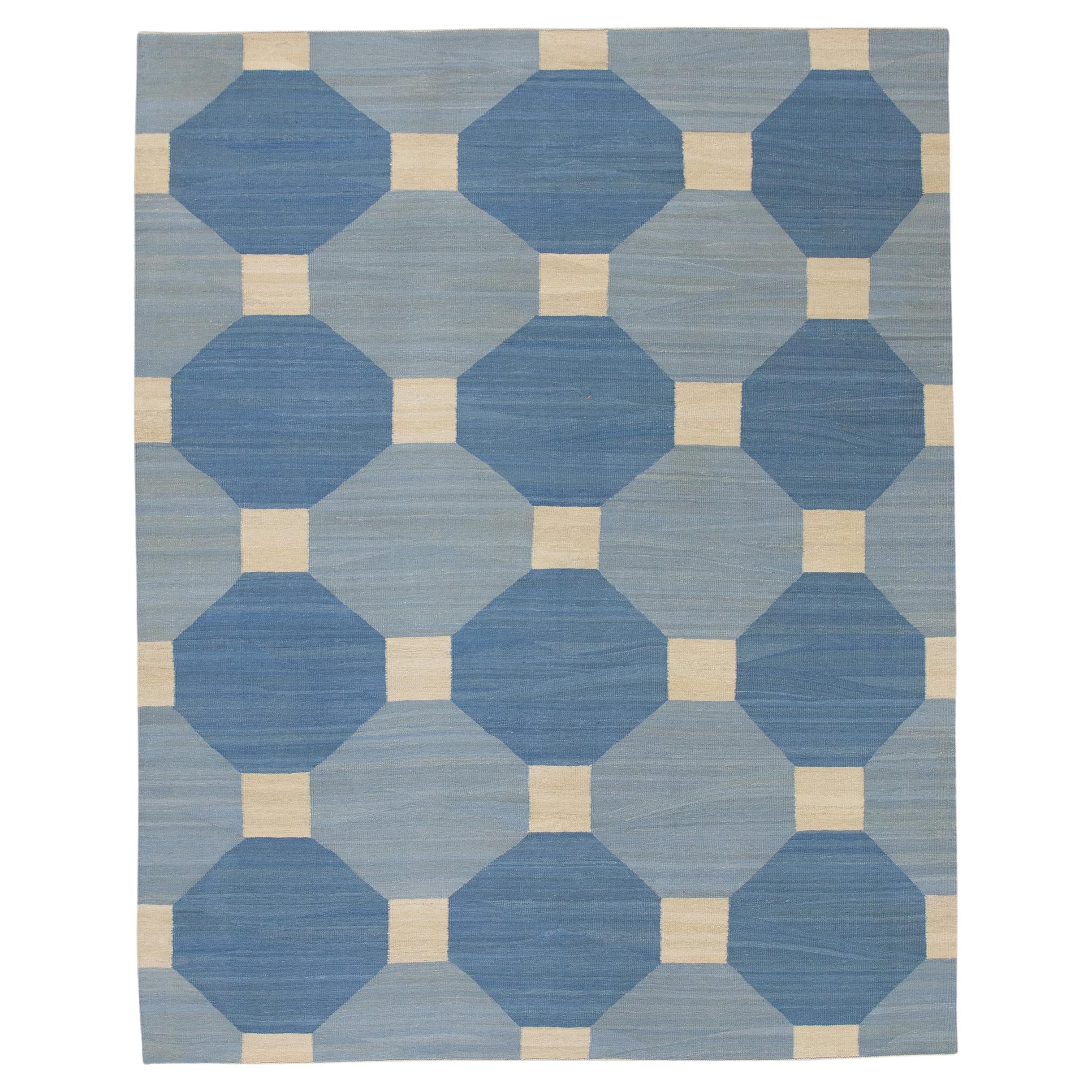 Blue Geometric Design Flatweave Handmade Wool Rug 8'4" X 10'7" For Sale