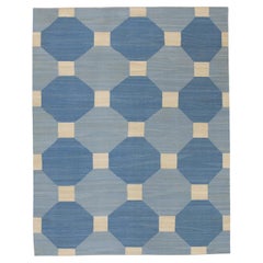 Blue Geometric Design Flatweave Handmade Wool Rug 8'4" X 10'7"