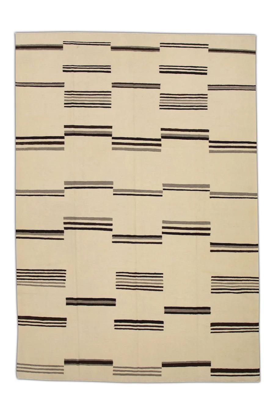Turkish Tan & Brown Geometric Design Flatweave Handmade Wool Rug 8'4
