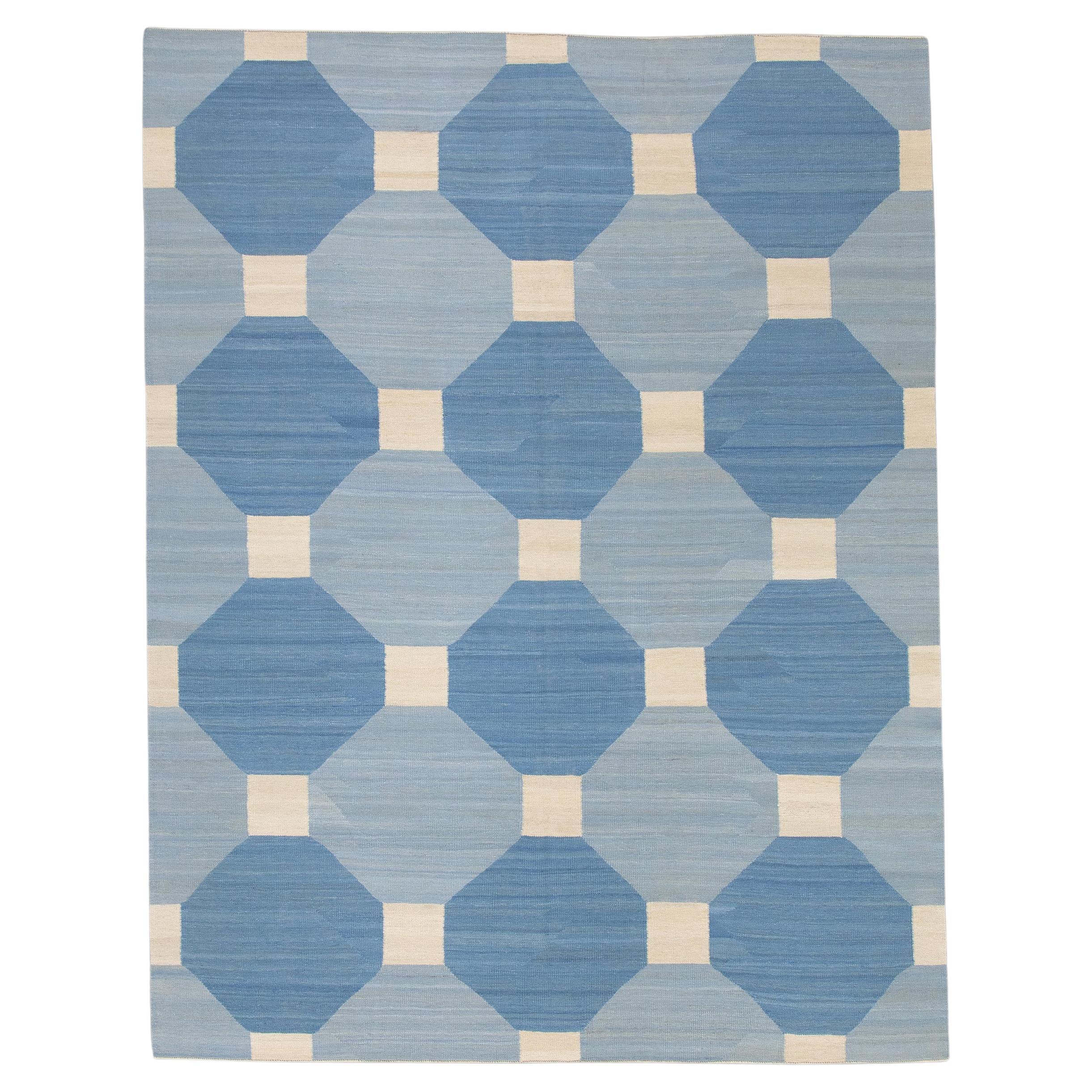 Flatweave Handmade Wool Rug in Blue Geometric Design 8'5" X 10'11"