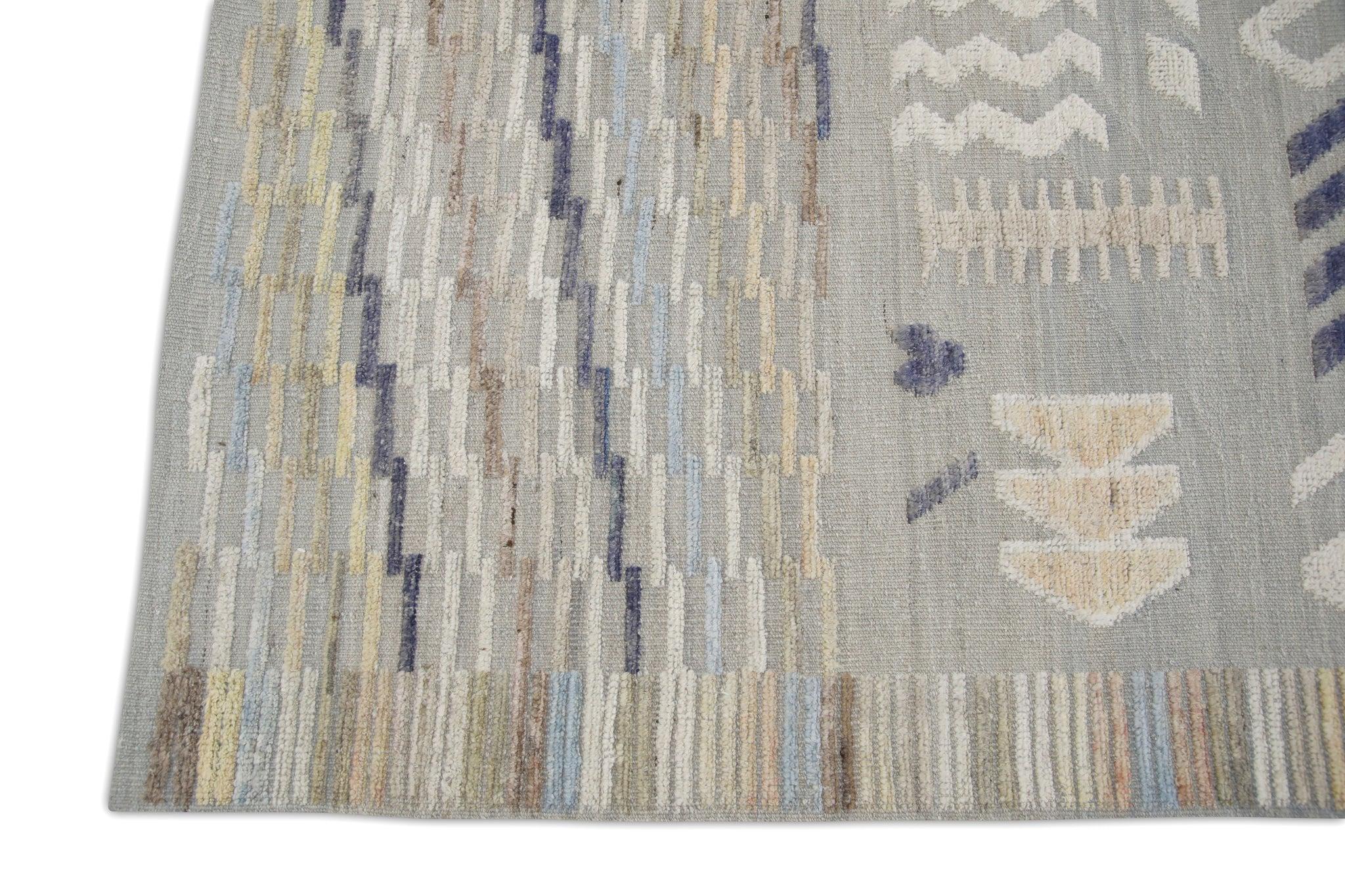 Turkish Blue Multicolor Geometric Design Flatweave Handmade Wool Rug 8'5