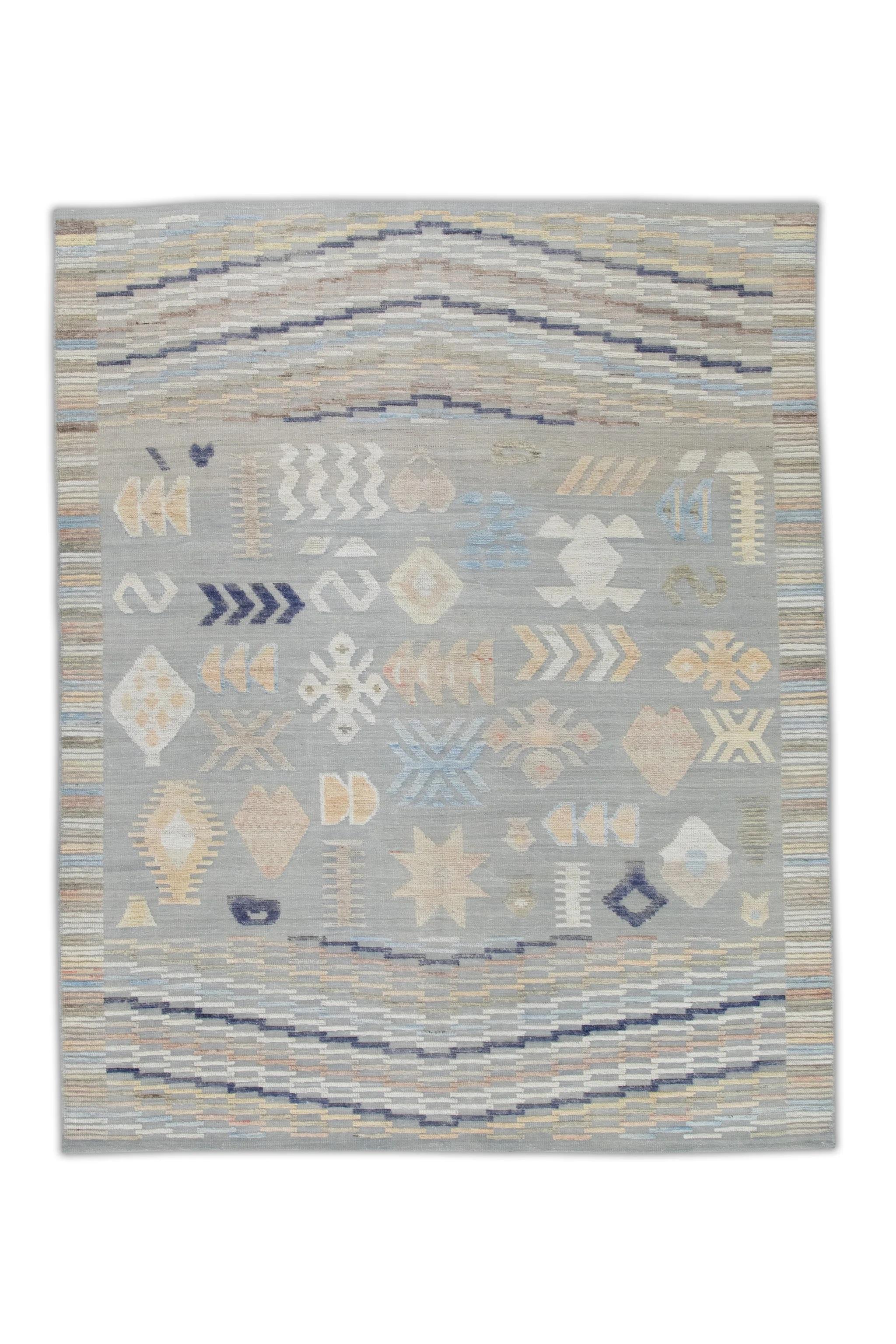 Contemporary Blue Multicolor Geometric Design Flatweave Handmade Wool Rug 8'5