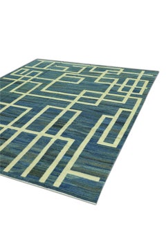 Blue Flatweave Handmade Wool Rug in Cream Geometric Design 8'5" X 10'7"